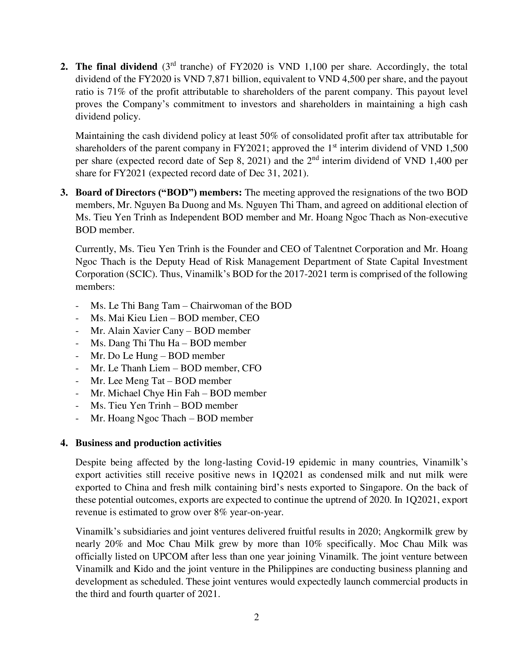 Results of the 2021 Annual General Meeting of Shareholders of Vietnam Dairy Products Joint Stock Company 2
