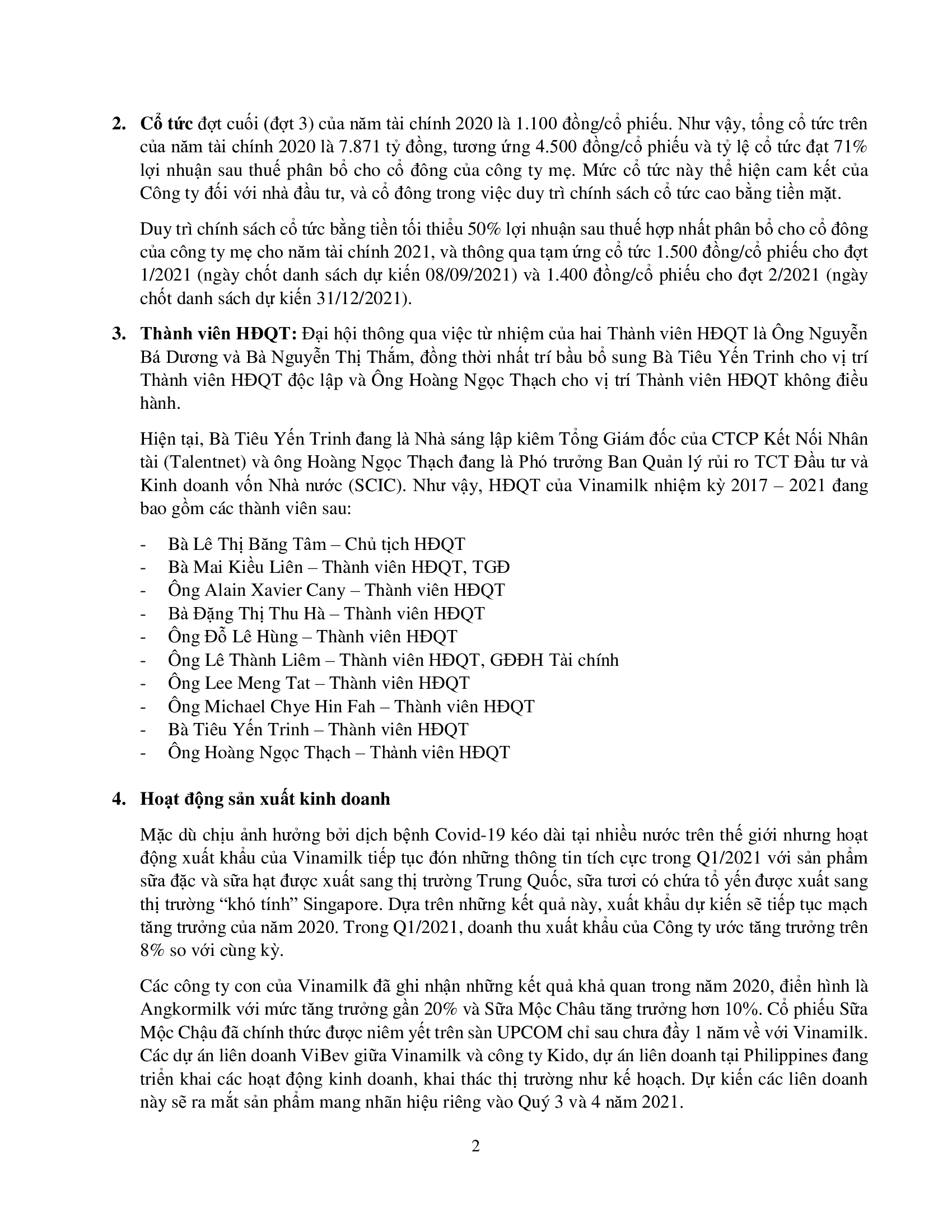 Đại hội đồng cổ đông thường niên năm 2021 của Công ty Cổ phần Sữa Việt Nam 2