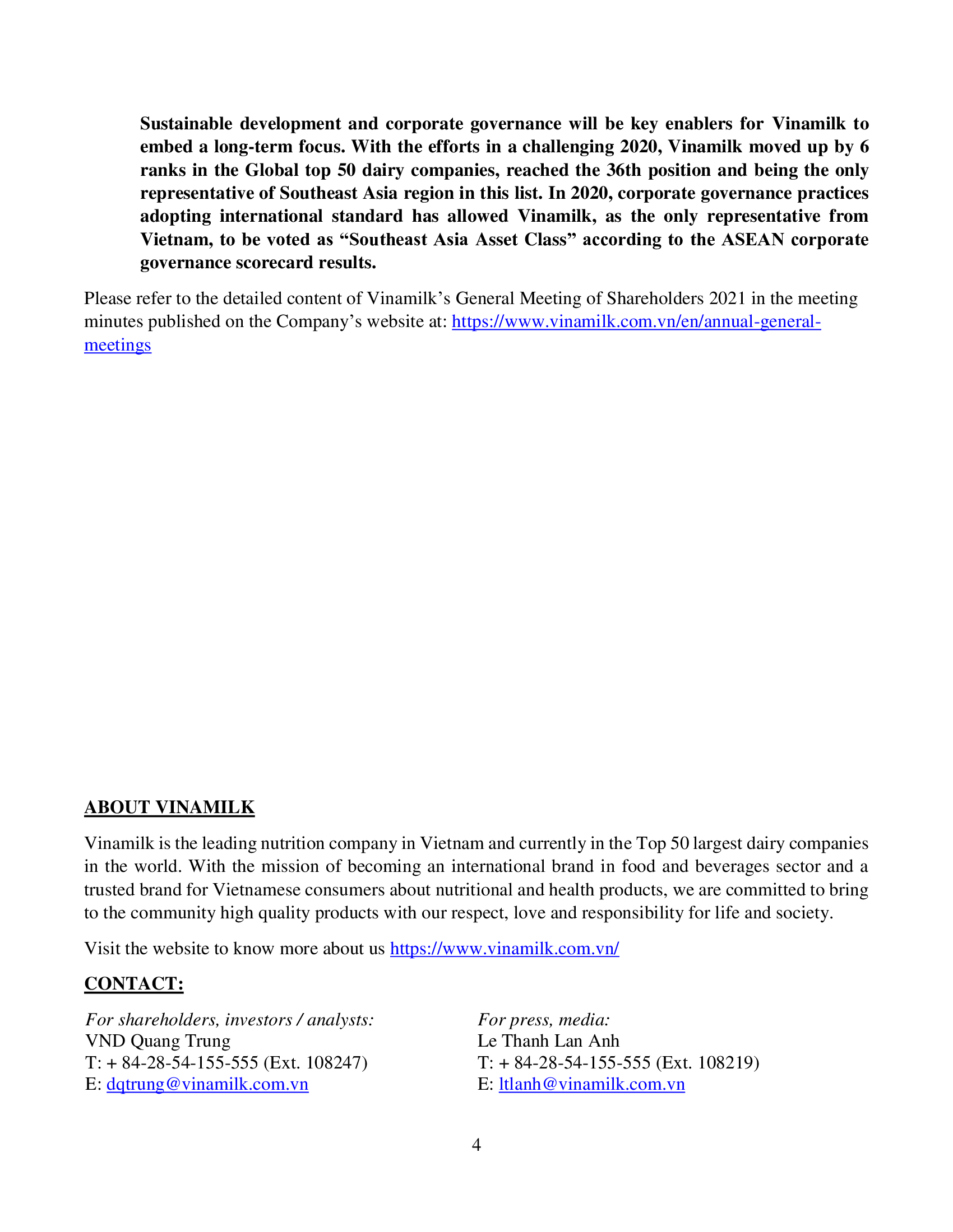 Results of the 2021 Annual General Meeting of Shareholders of Vietnam Dairy Products Joint Stock Company 4