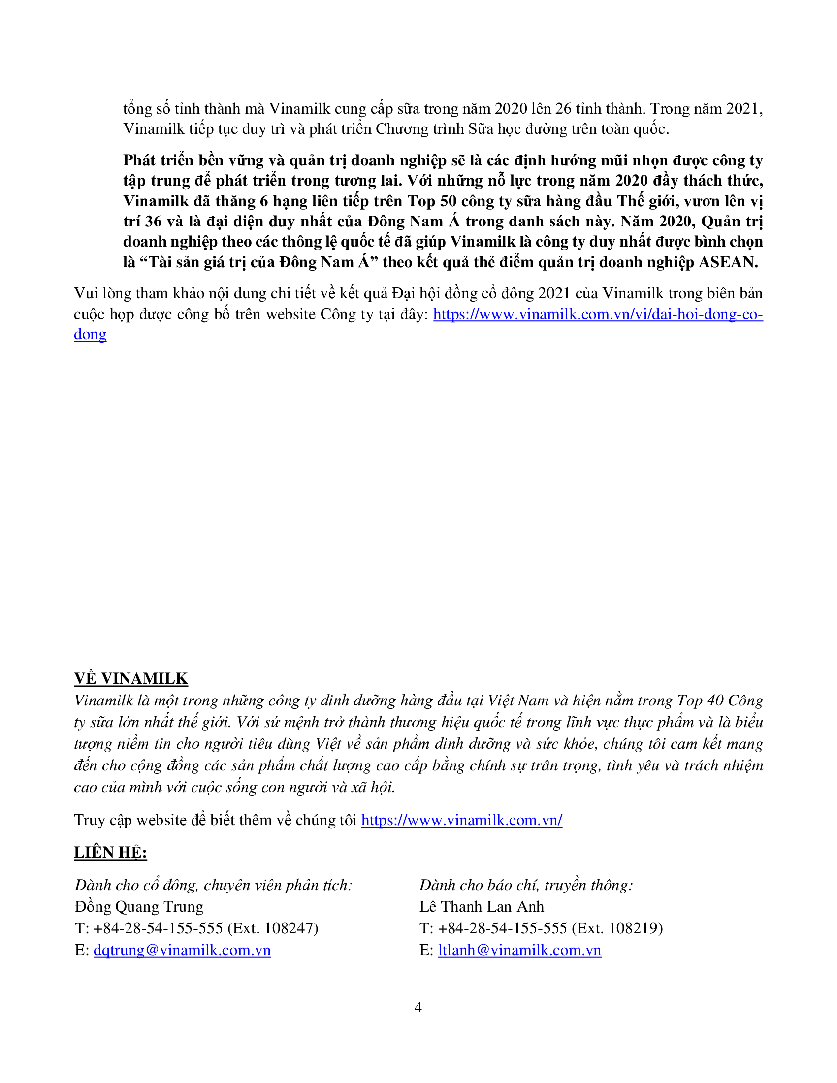 Đại hội đồng cổ đông thường niên năm 2021 của Công ty Cổ phần Sữa Việt Nam 4