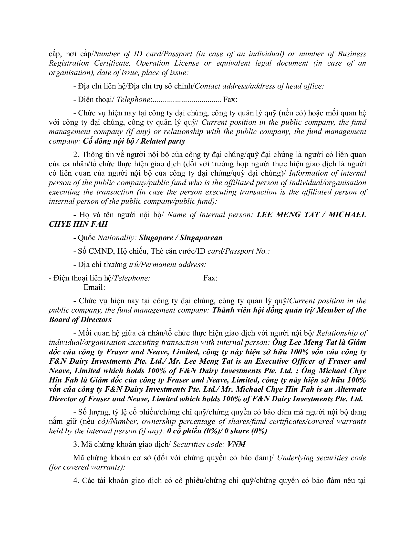 Notice of transaction of internal person from F&N DAIRY INVESTMENTS PTE. LTD 2