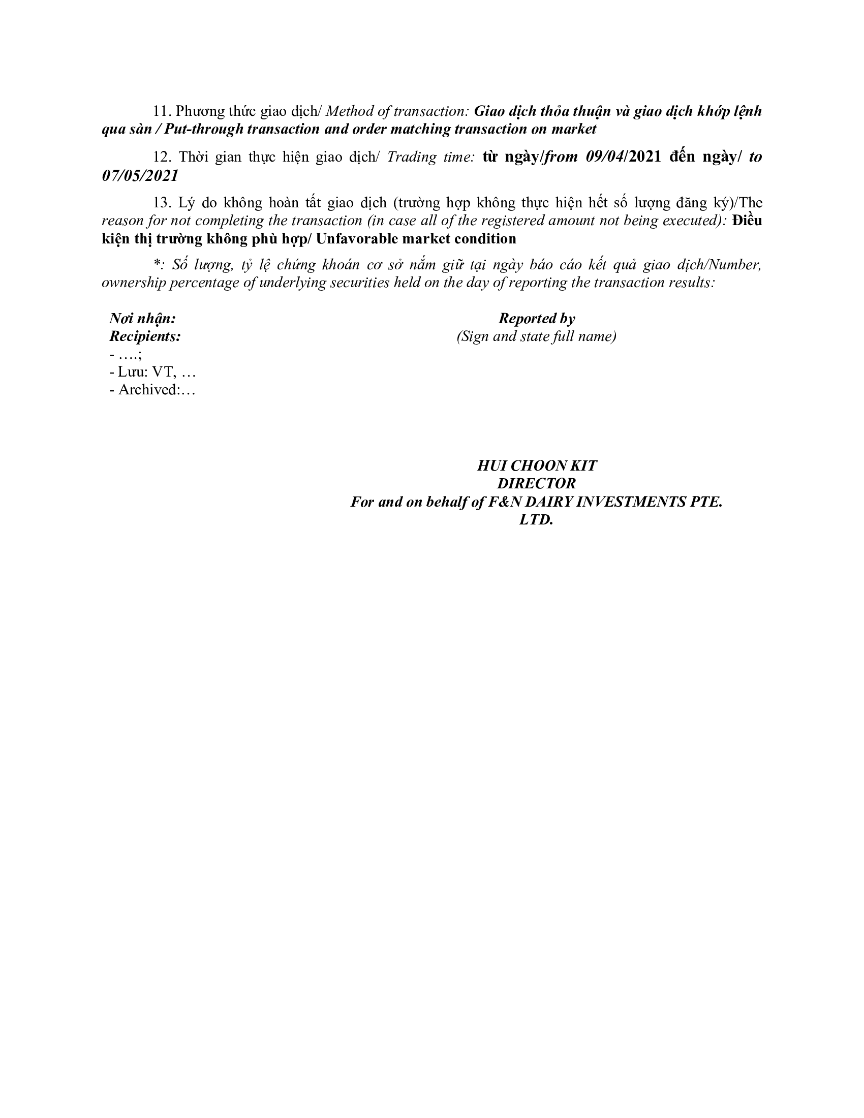 Report on results of transaction of internal person from  F&N DAIRY INVESTMENTS PTE. LTD 4
