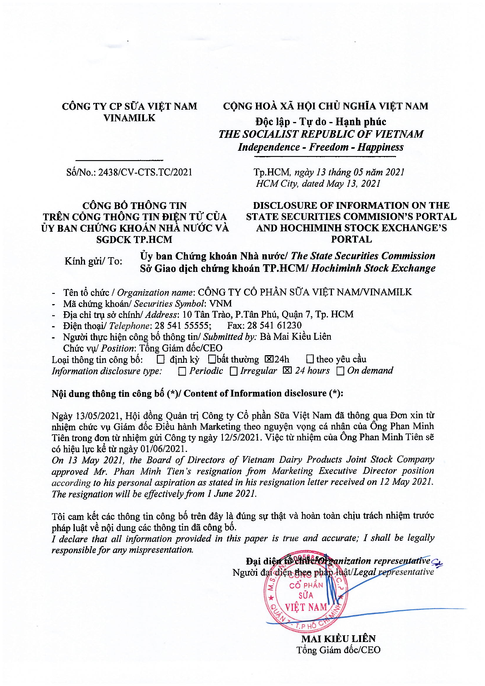 Disclosure of information resignation of Marketing Executive Director 1