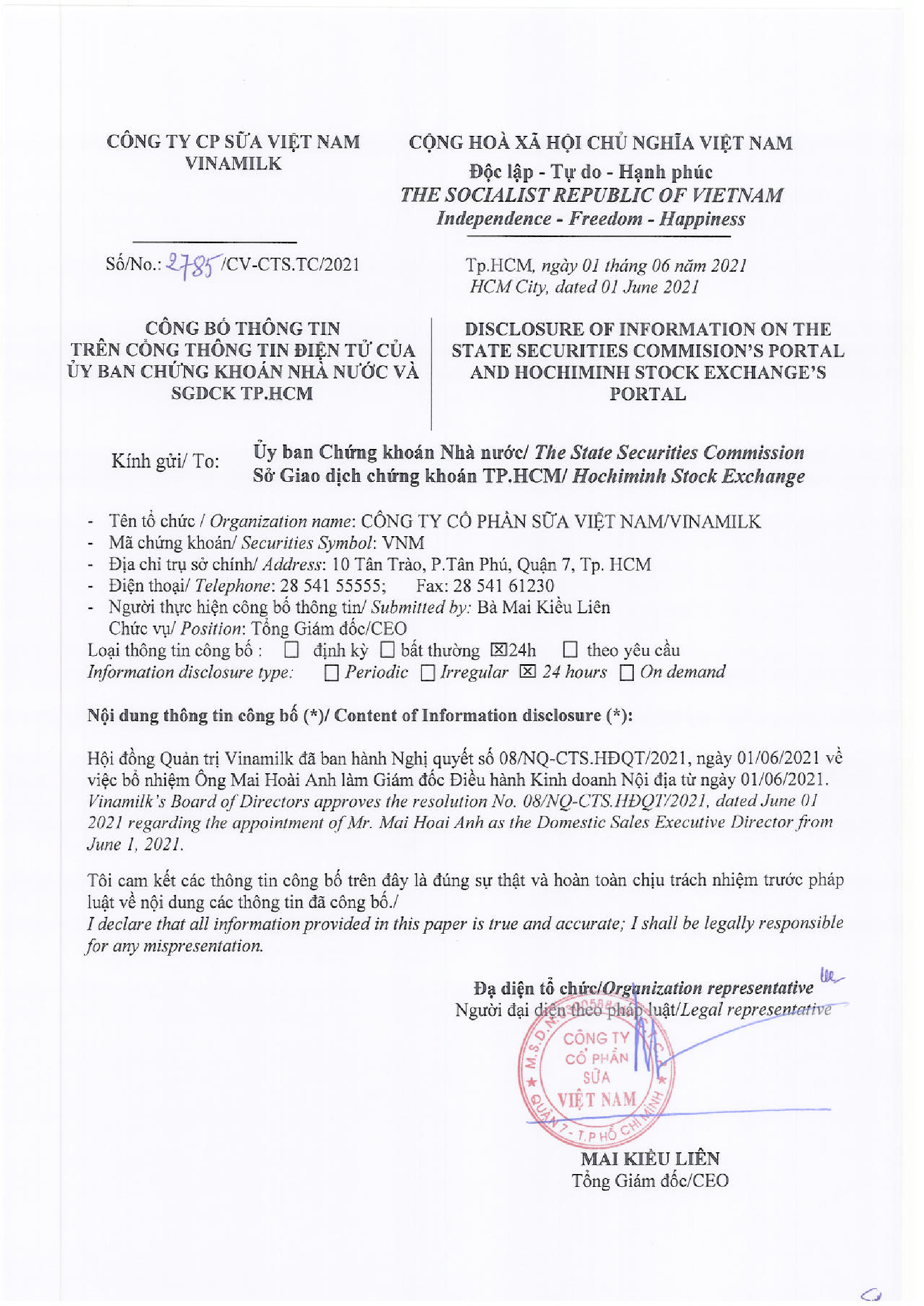 Disclosure of information Vinamilk appointment the Domestic sales executive director 1