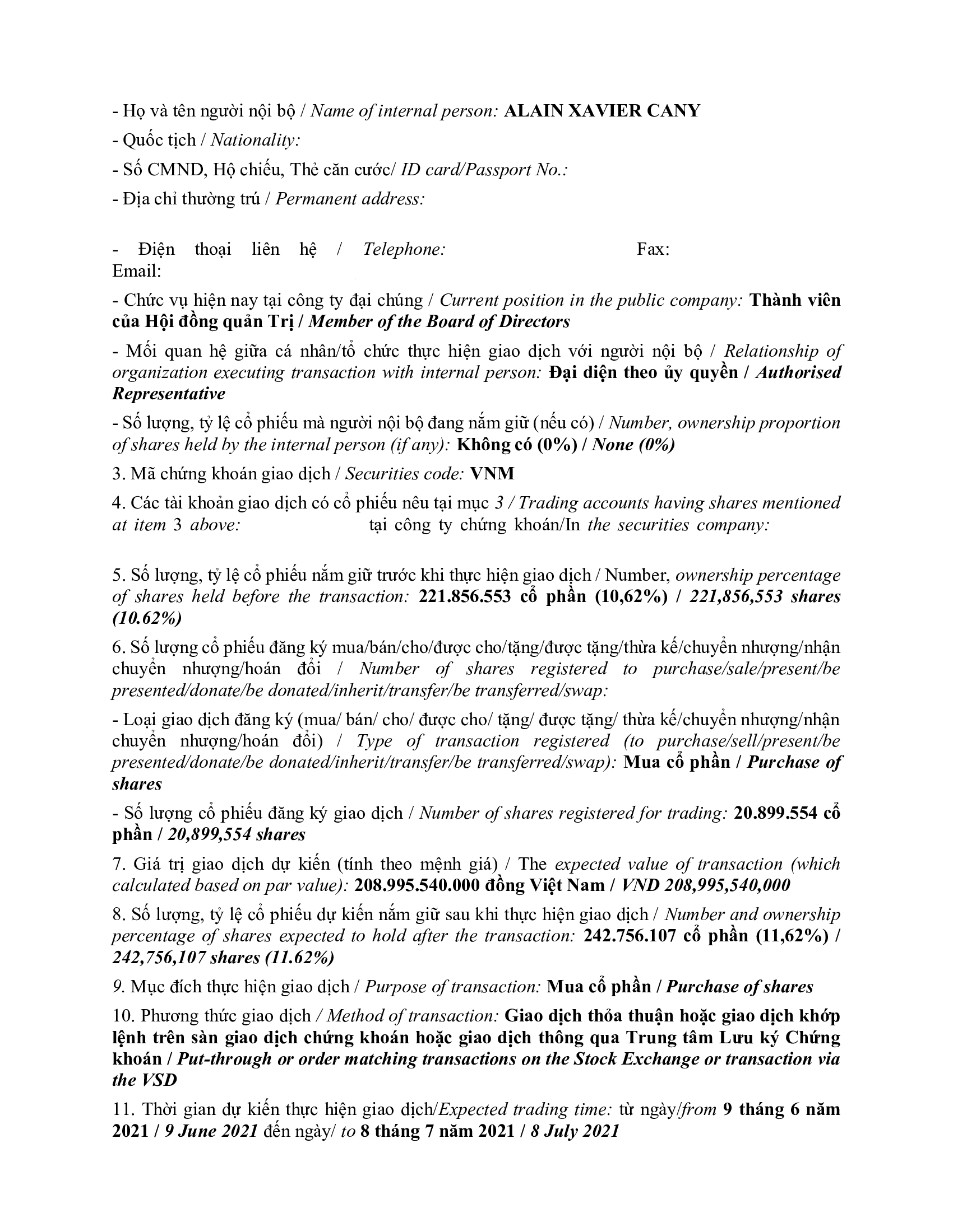 Notice of transaction of internal person from PLATINUM VICTORY PTE. LTD. 2