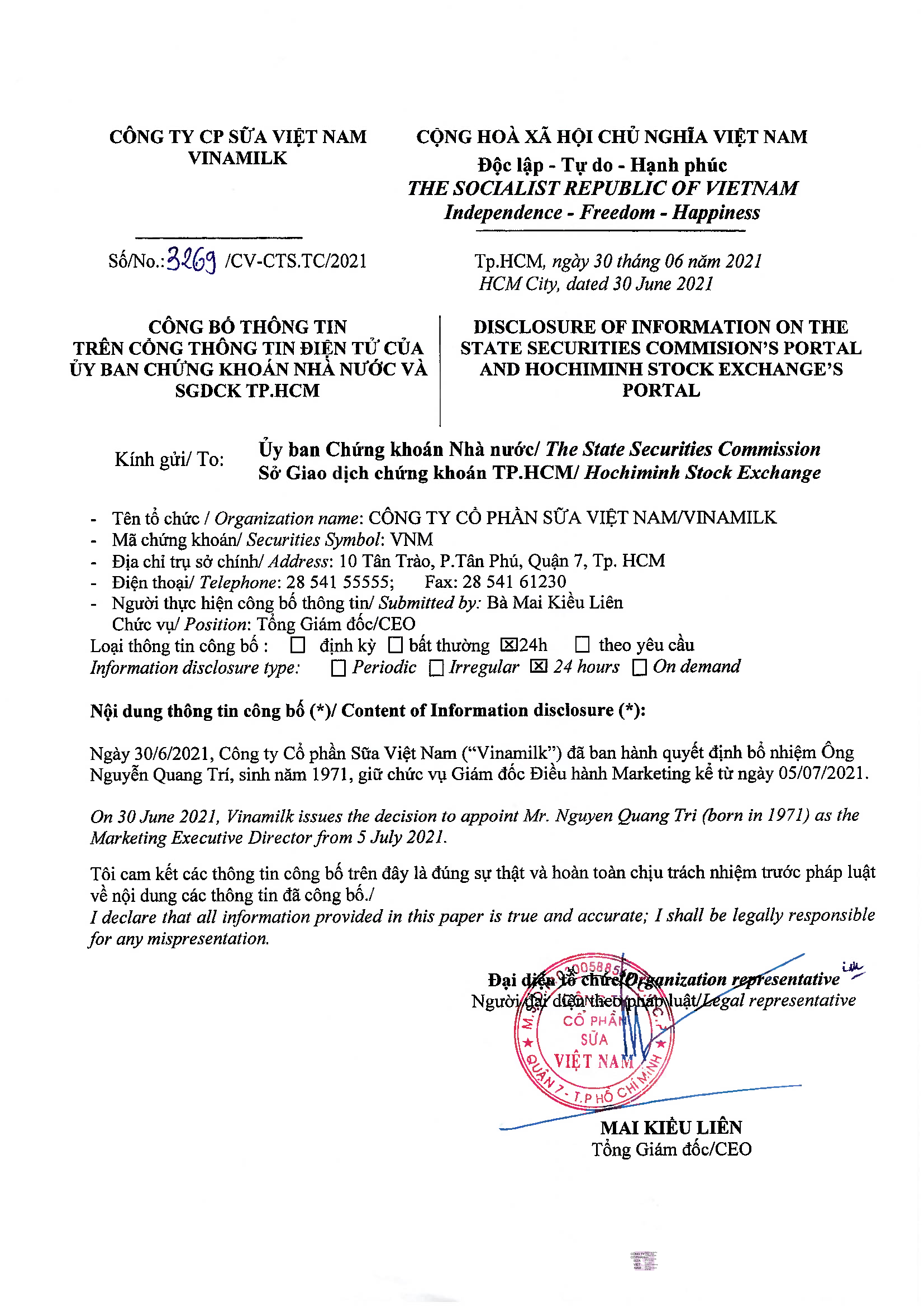 Vinamilk decision to appoint the Marketing Executive Director 1