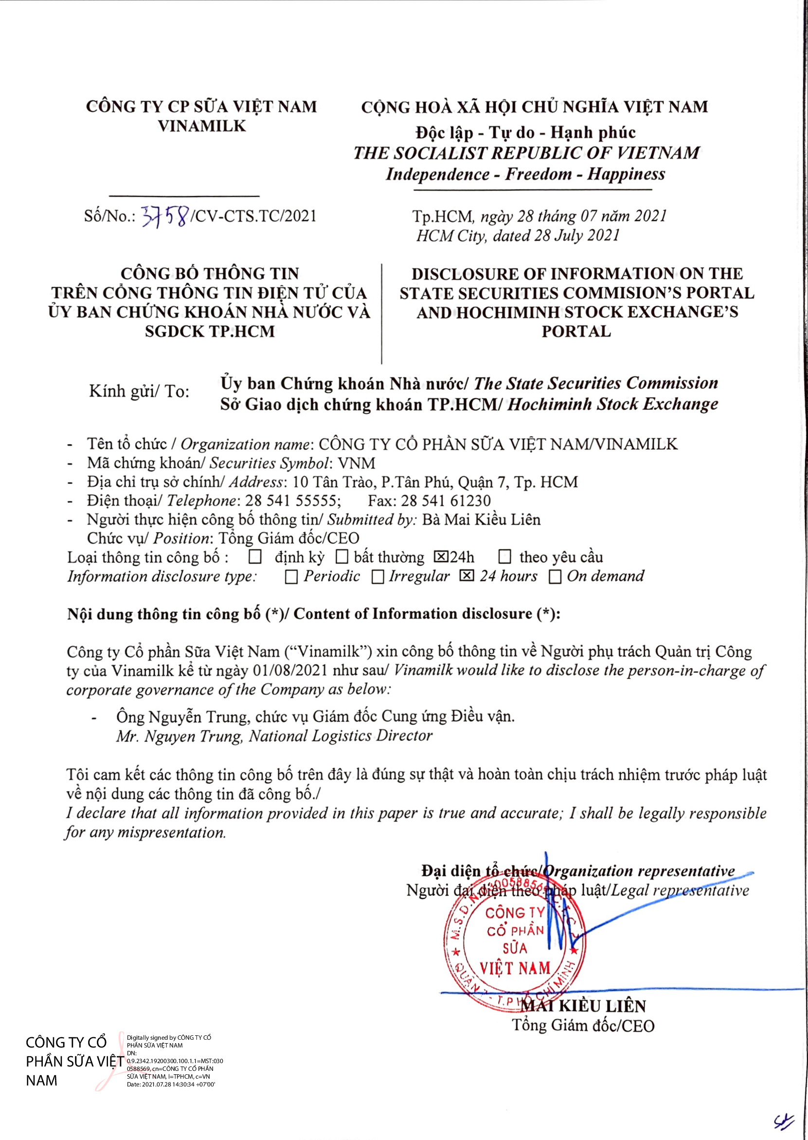 Công bố thông tin Vinamilk bổ nhiệm người phụ trách quản trị công ty 1