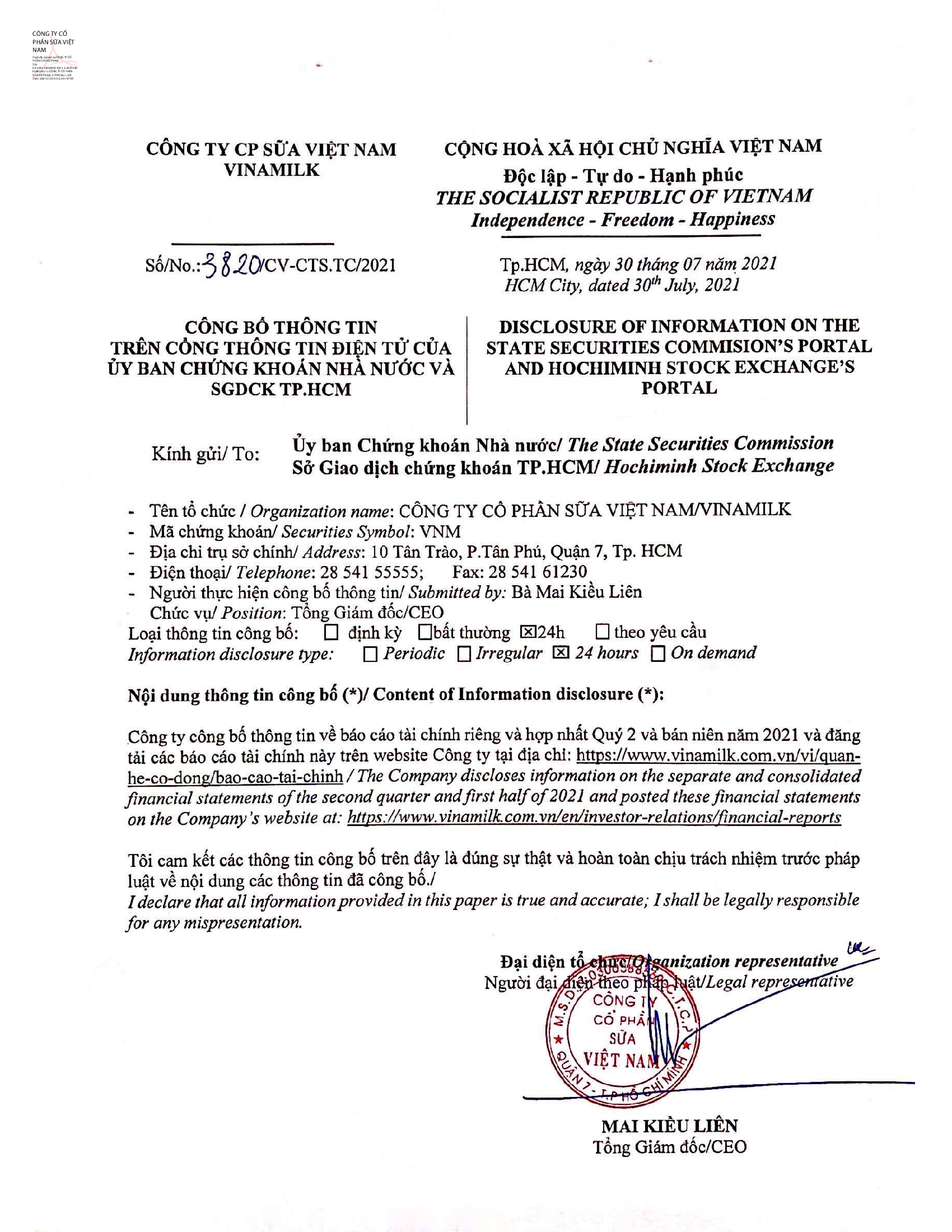 Công bố thông tin báo cáo tài chính quý 2 và bán niên 2021 1