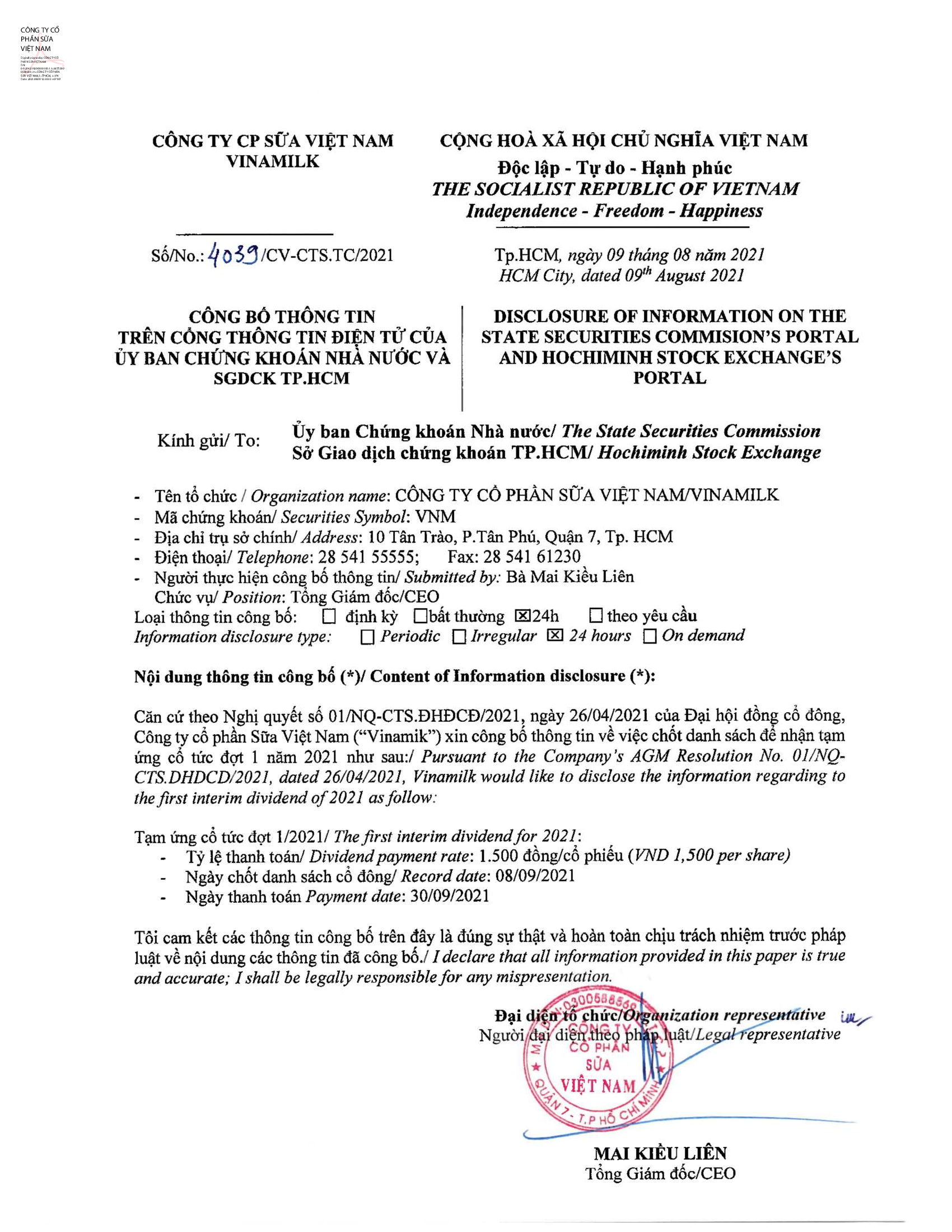 Disclosure of information payment of first interim dividend for 2021 1