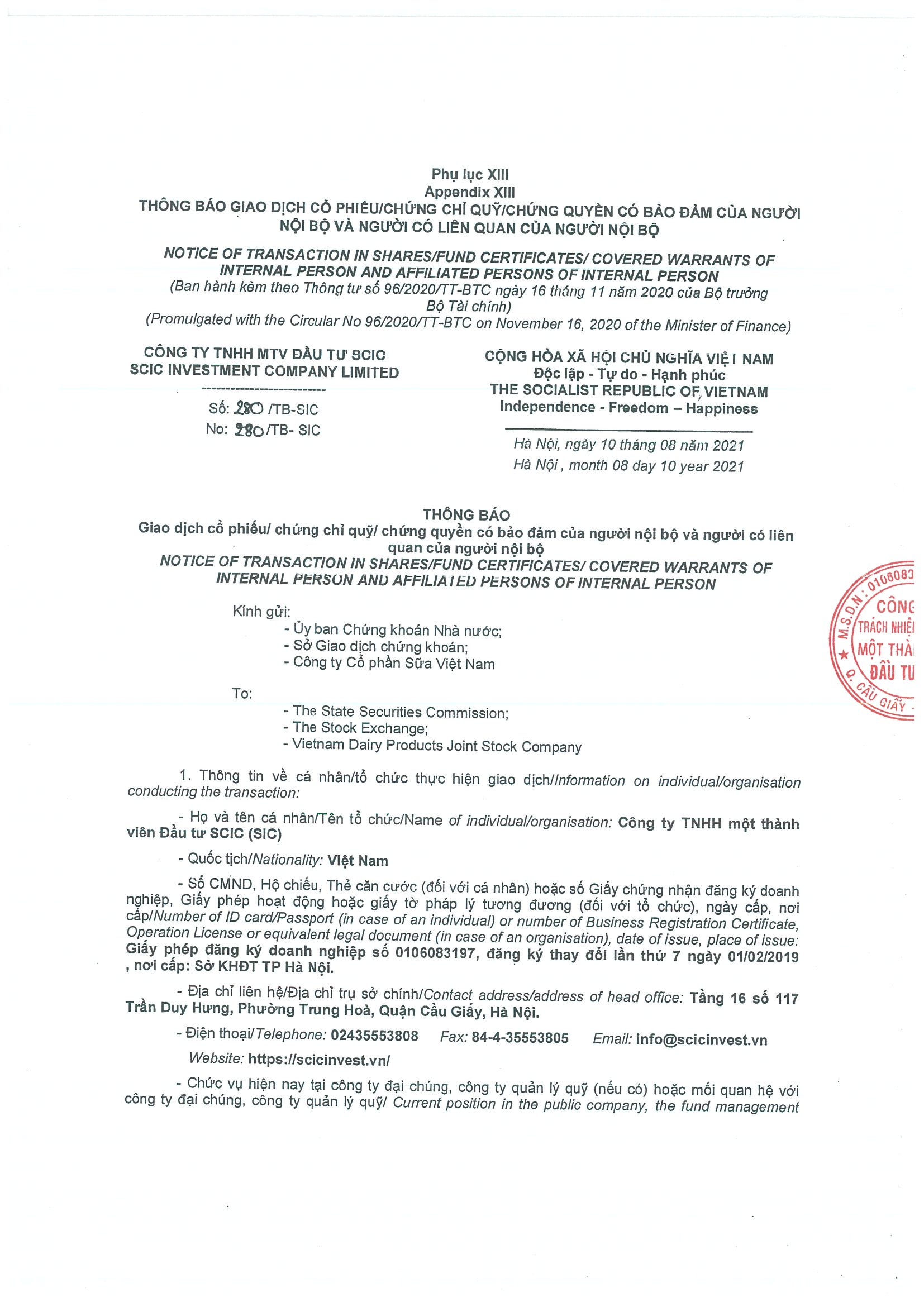 Notice of transaction of internal person from SCIC 1