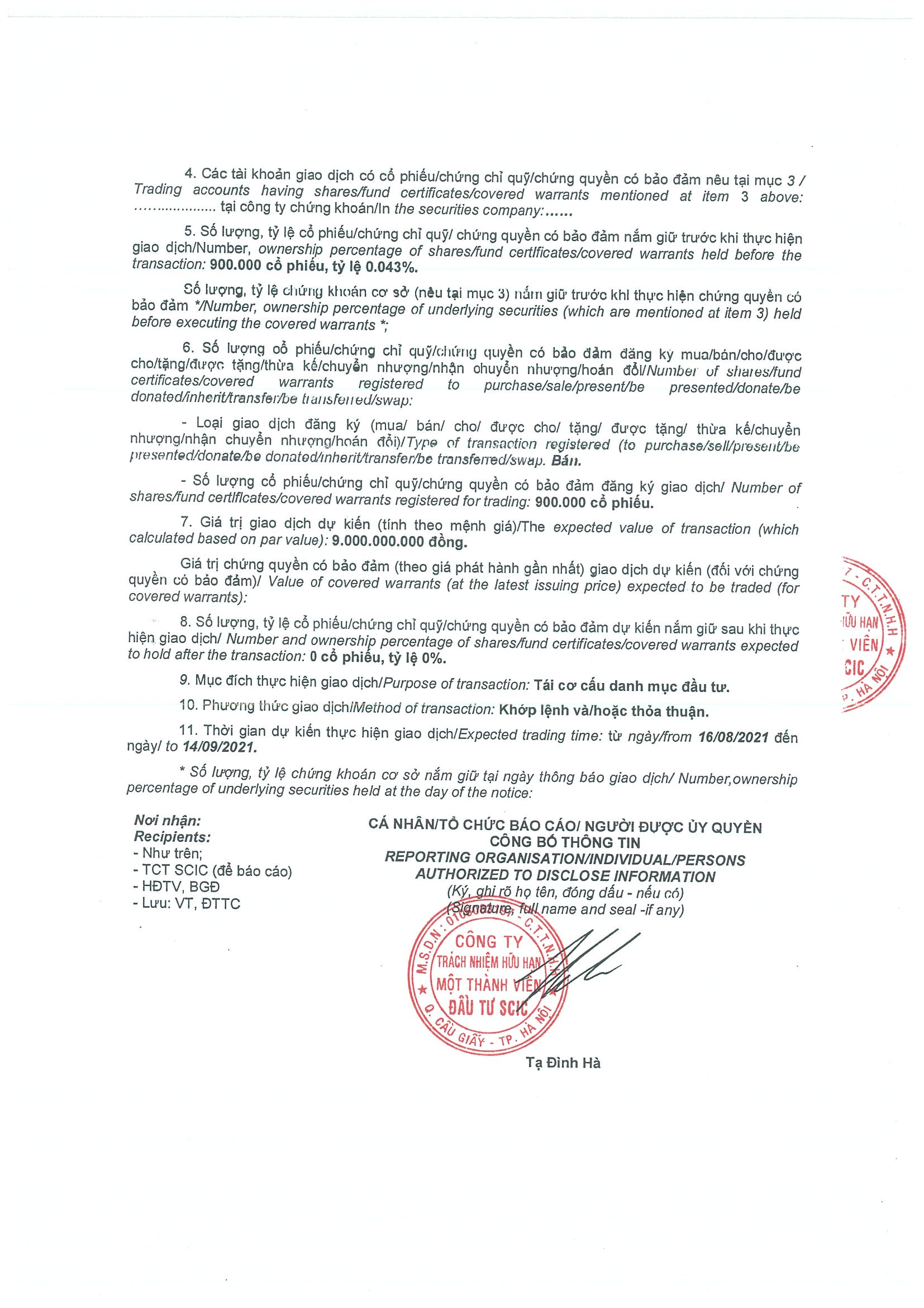 Thông báo giao dịch của Người Nội bộ: SCIC 3