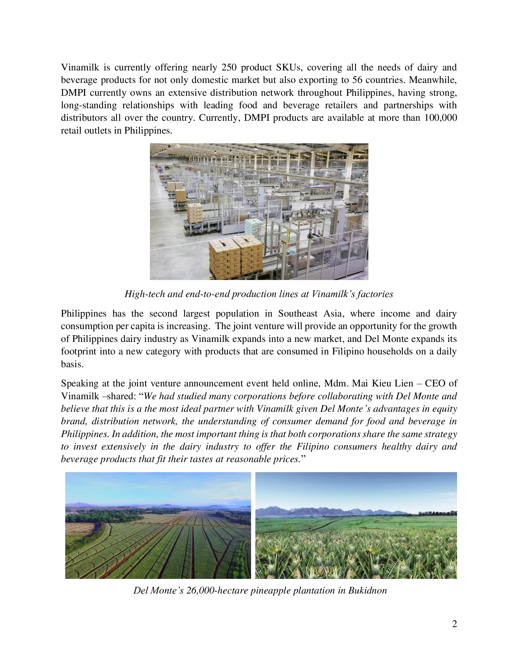 Announcing joint venture partner in Philippines, Vinamilk expects products to be officially launched in september 2021 2