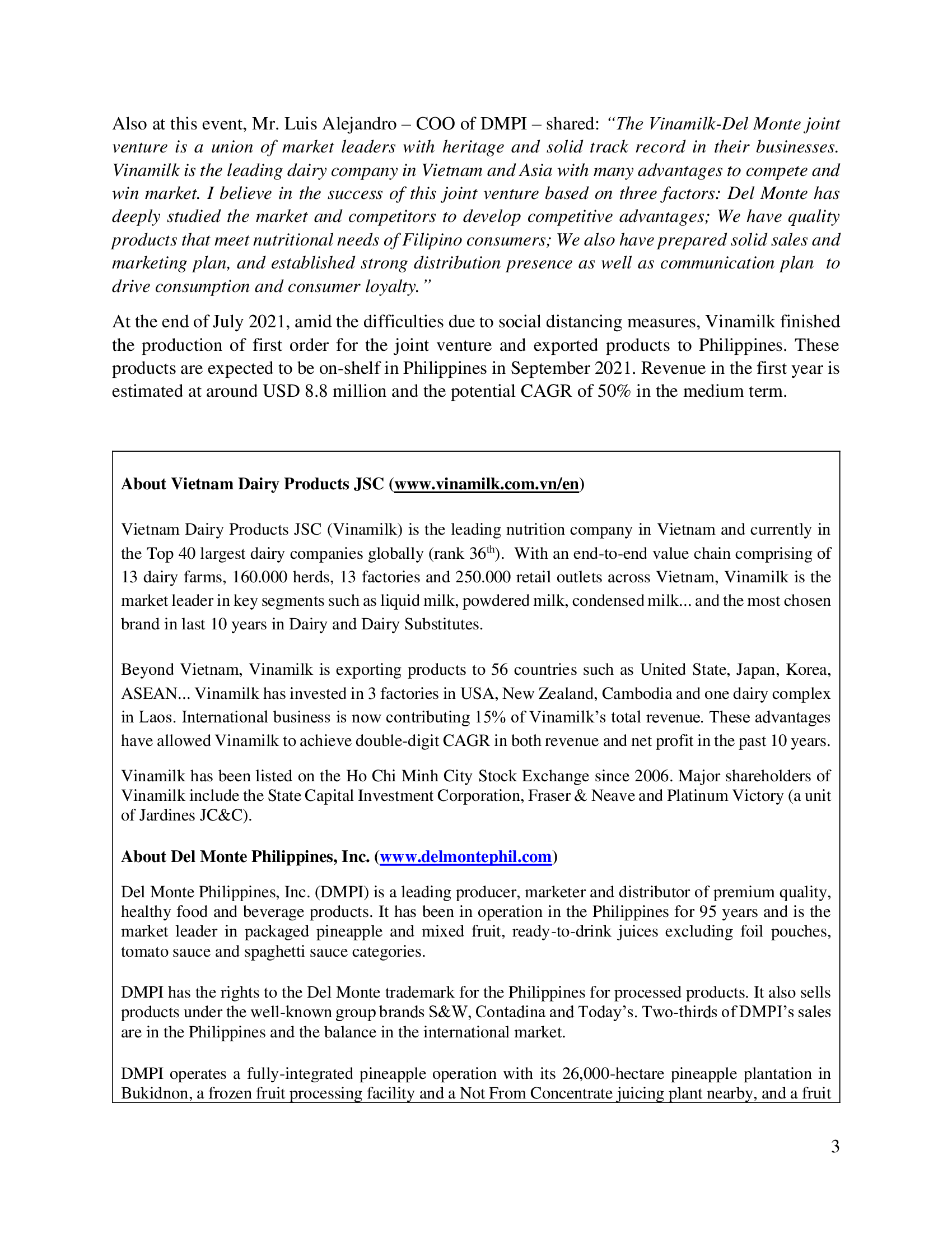 Announcing joint venture partner in Philippines, Vinamilk expects products to be officially launched in september 2021 3