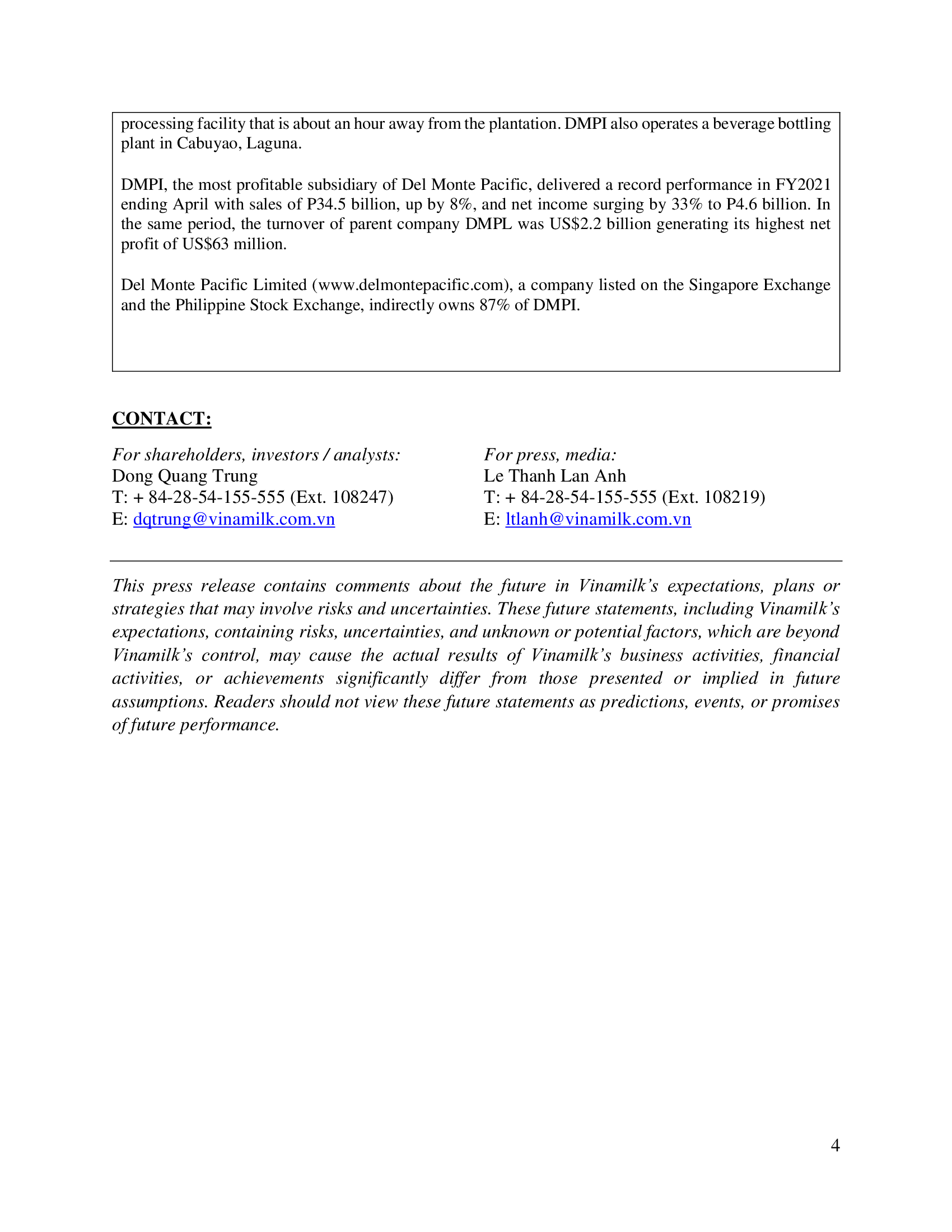 Announcing joint venture partner in Philippines, Vinamilk expects products to be officially launched in september 2021 4