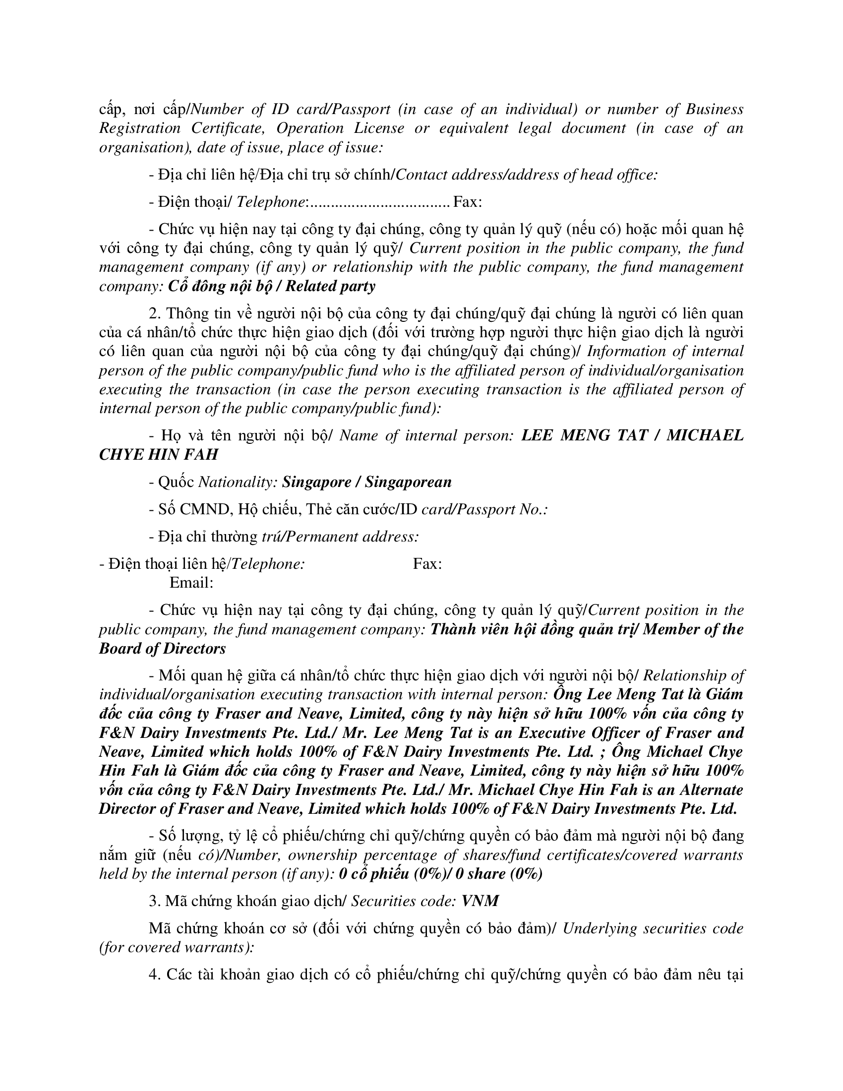 Thông báo giao dịch của Người Nội bộ: F&N DAIRY INVESTMENTS PTE. LTD 2