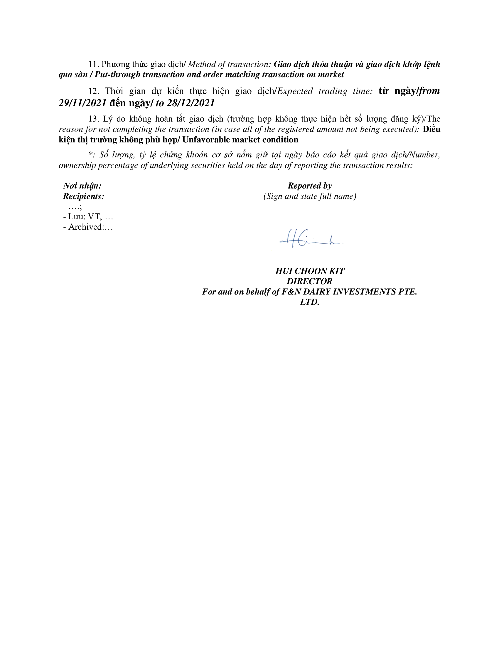 Report on results of transaction of internal person from  F&N DAIRY INVESTMENTS PTE. LTD 4