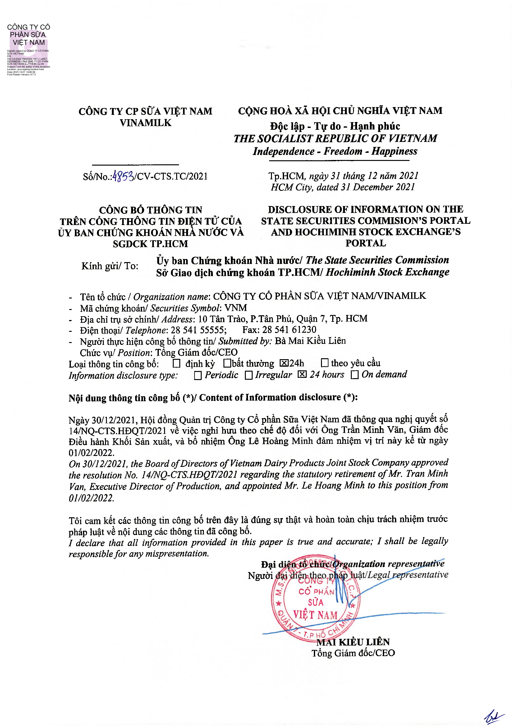 Công bố thông tin về việc GĐĐH Sản Xuất nghỉ hưu 1