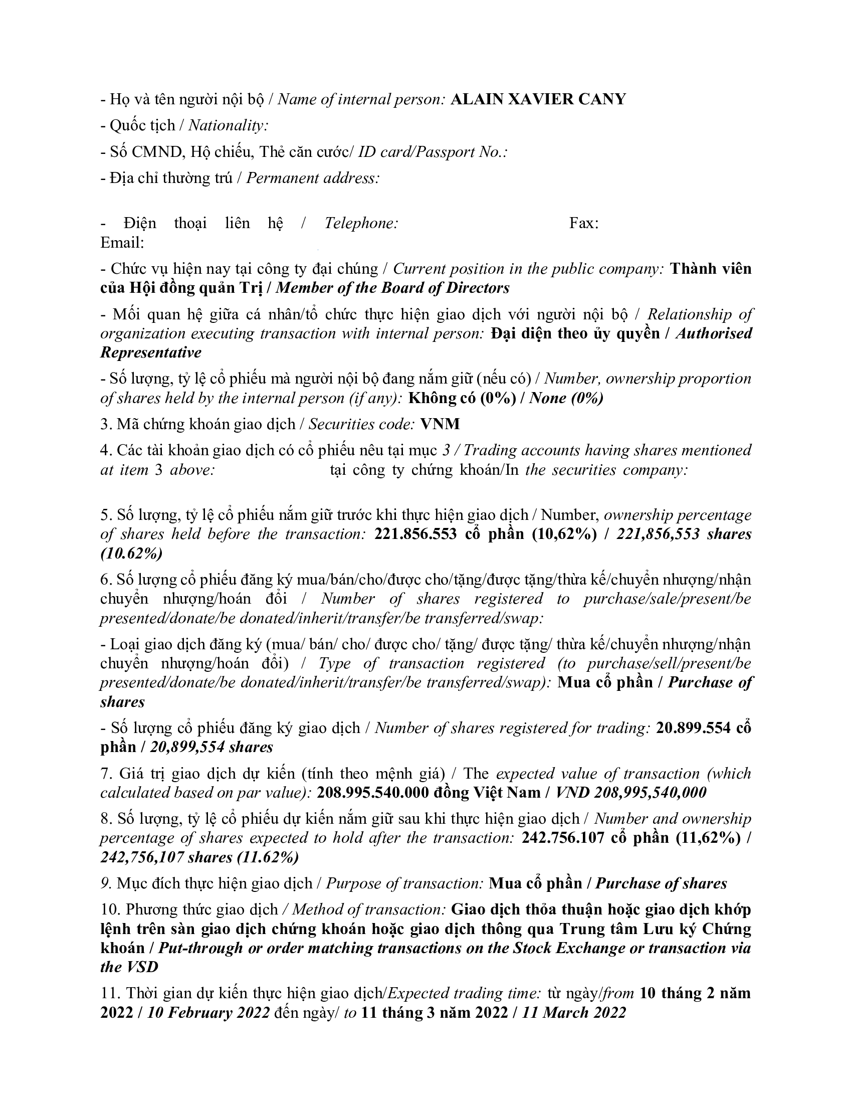 Thông báo giao dịch của Người Nội bộ: PLATINUM VICTORY PTE. LTD. 2