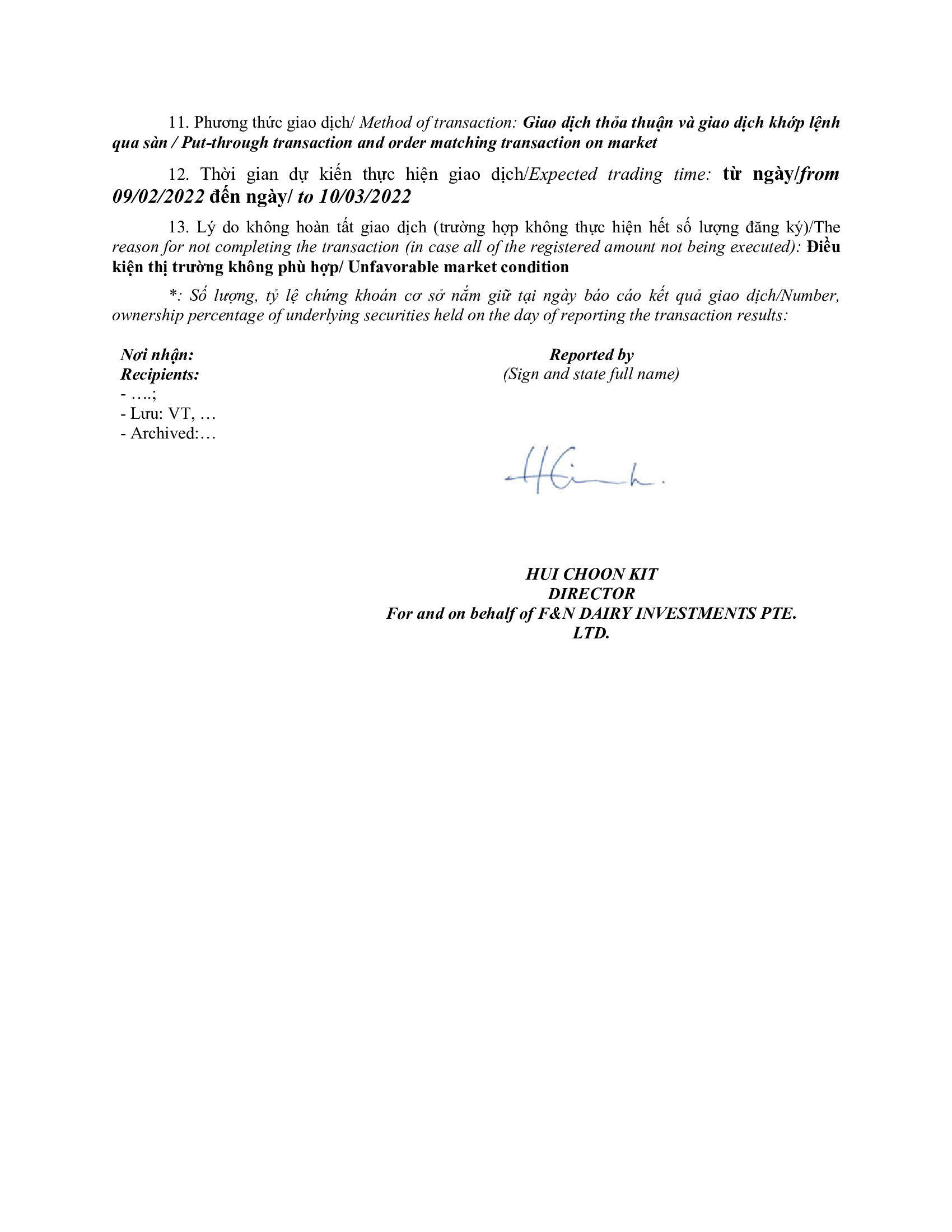 Báo cáo kết quả giao dịch của Người Nội bộ: F&N DAIRY INVESTMENTS PTE. LTD 4