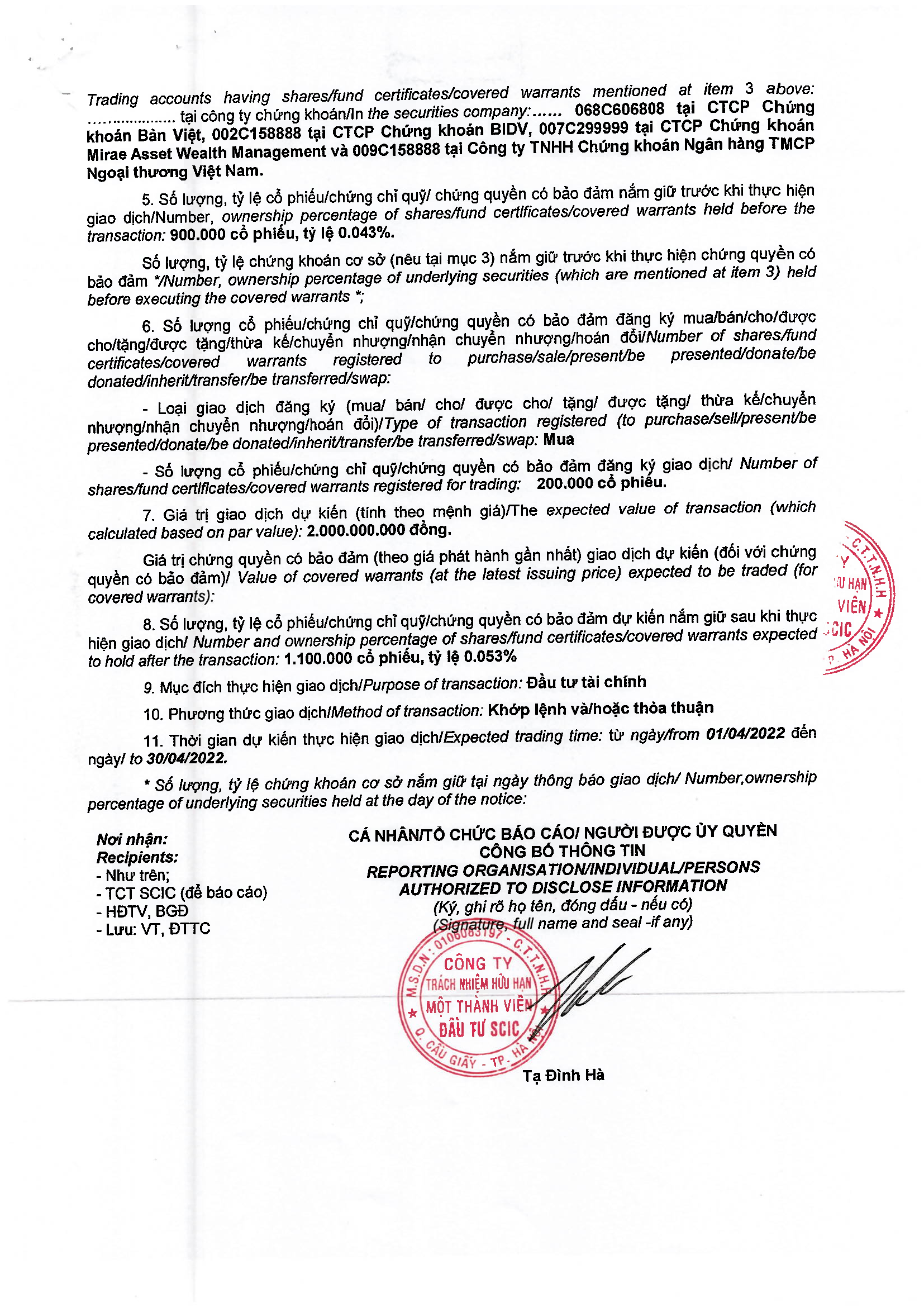 Thông báo giao dịch của Người Nội bộ: SCIC INVESTMENT COMPANY LIMITED. 2