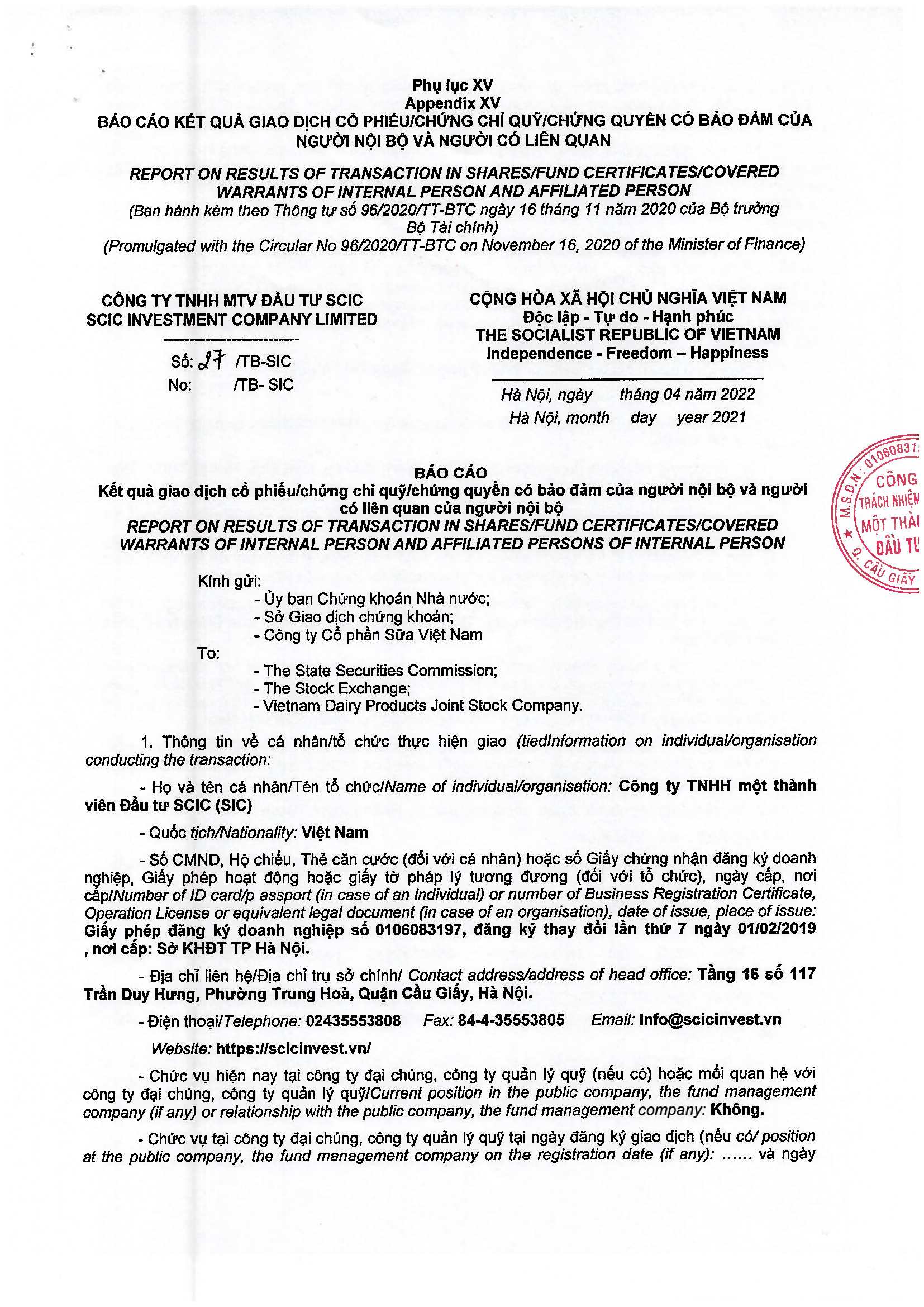 Notice of transaction of internal person from SCIC INVESTMENT COMPANY LIMITED 1
