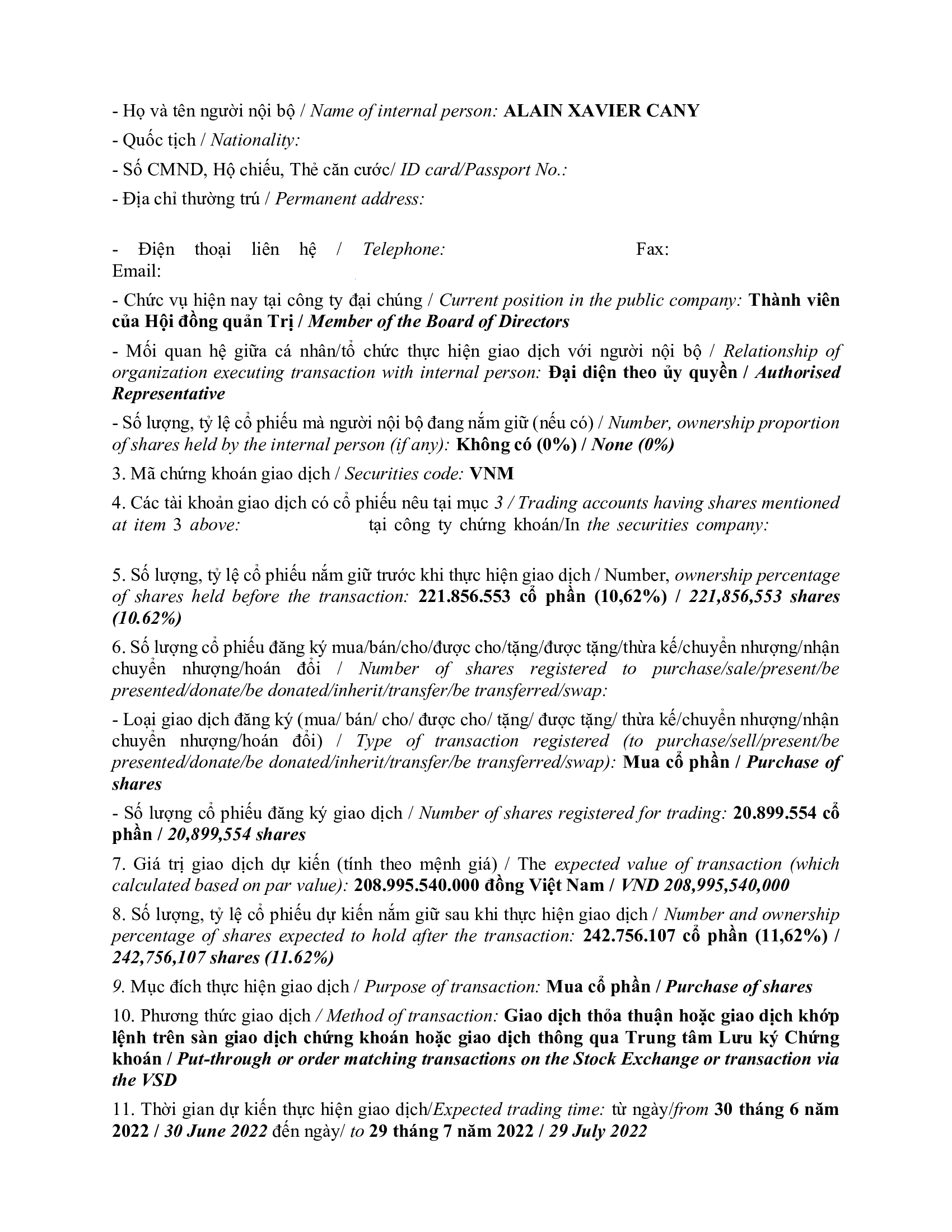 Notice of transaction of internal person from PLATINUM VICTORY PTE. LTD. 2