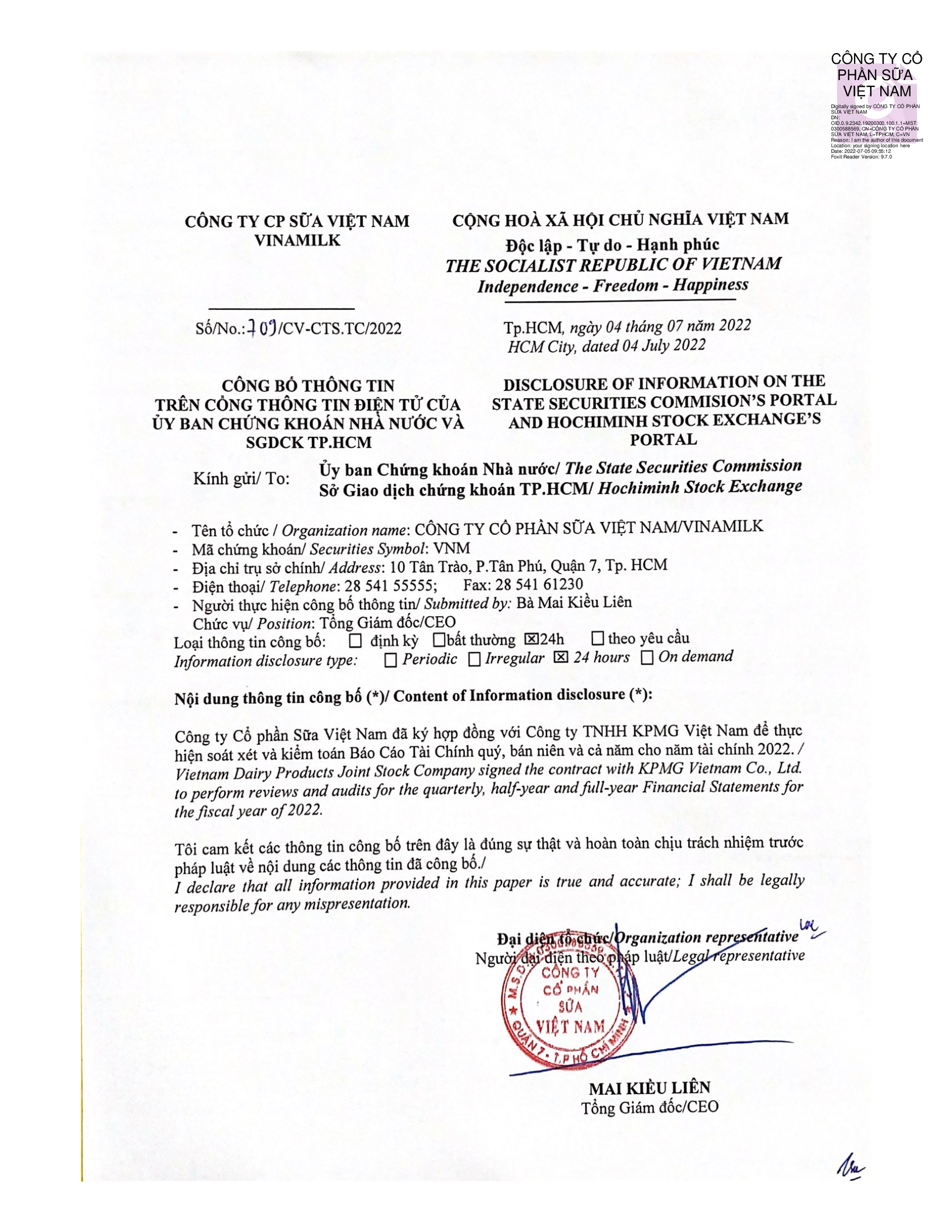 Disclosure of information Vinamilk signed the contract with KPMG for the fiscal year of 2022 1