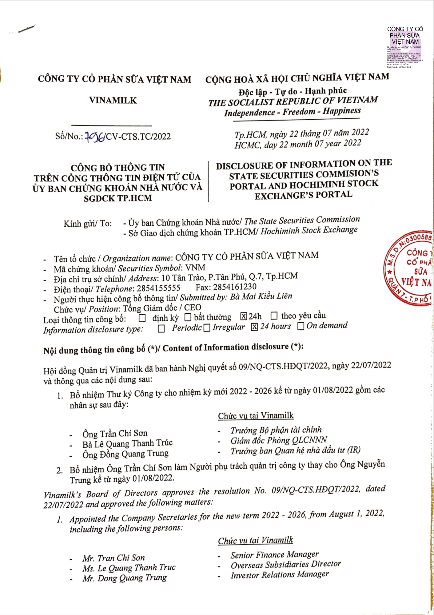 Disclosure of information Vinamilk approved the appointment of the Company Secretaries and the person in charge of Corporate Governance 1