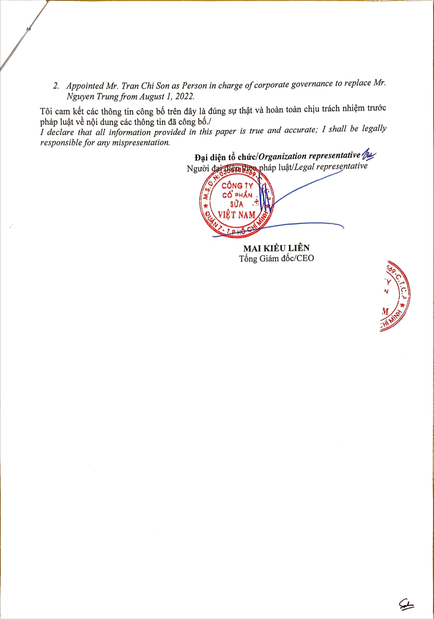 Công bố thông tin Vinamilk bổ nhiệm Thư ký công ty và Người phụ trách Quản trị công ty 2