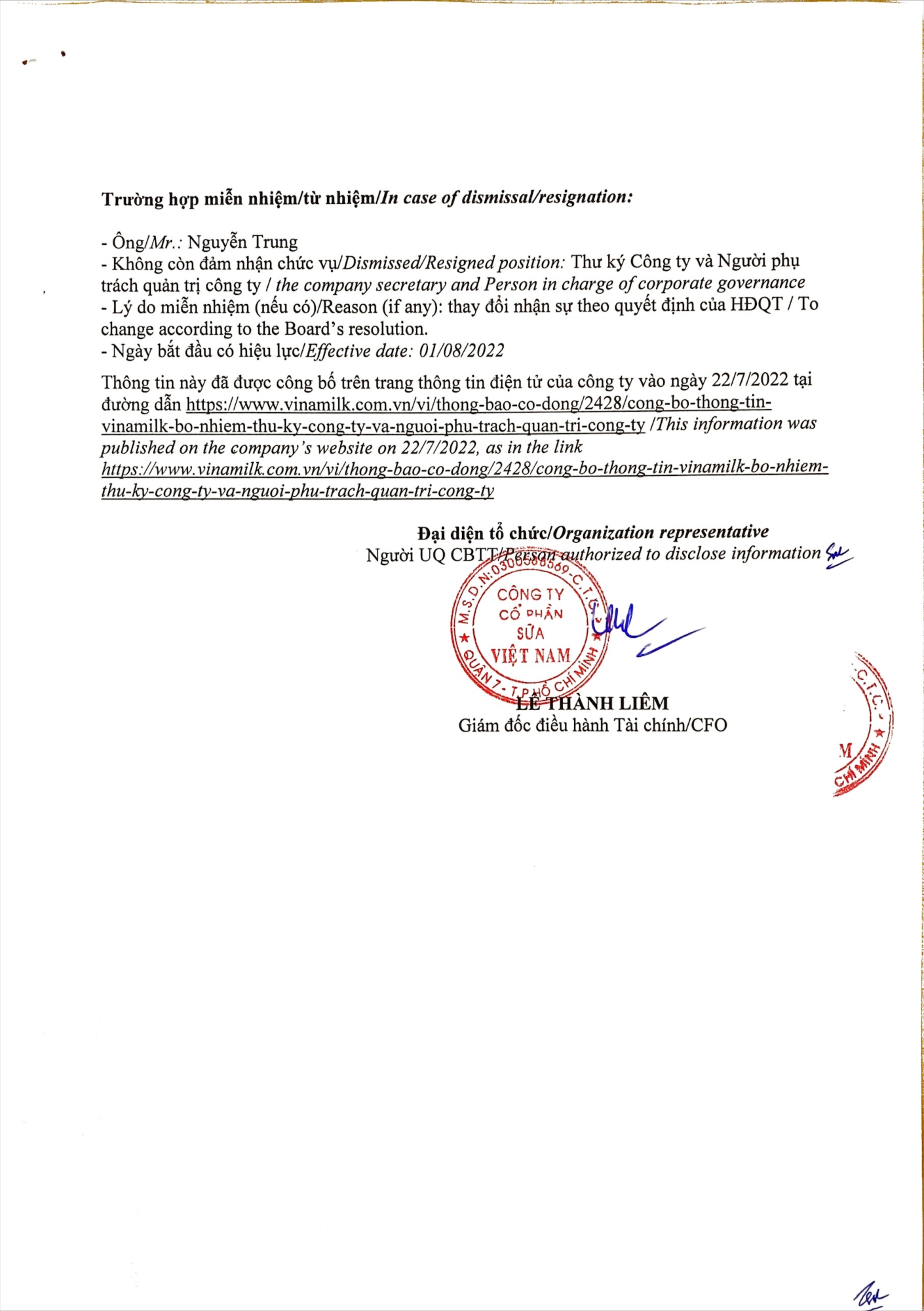 Thông báo thay đổi nhân sự công ty cổ phần sữa Việt Nam 2