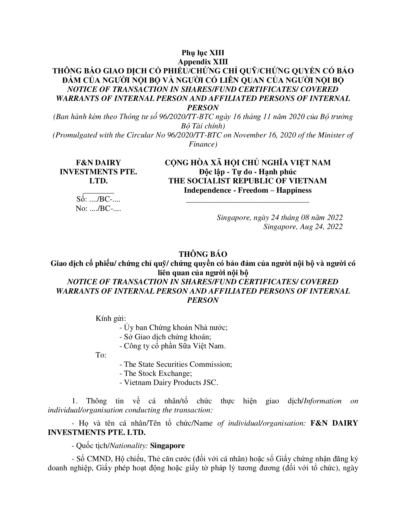 Thông báo giao dịch của Người Nội bộ: F&N DAIRY INVESTMENTS PTE. LTD 1