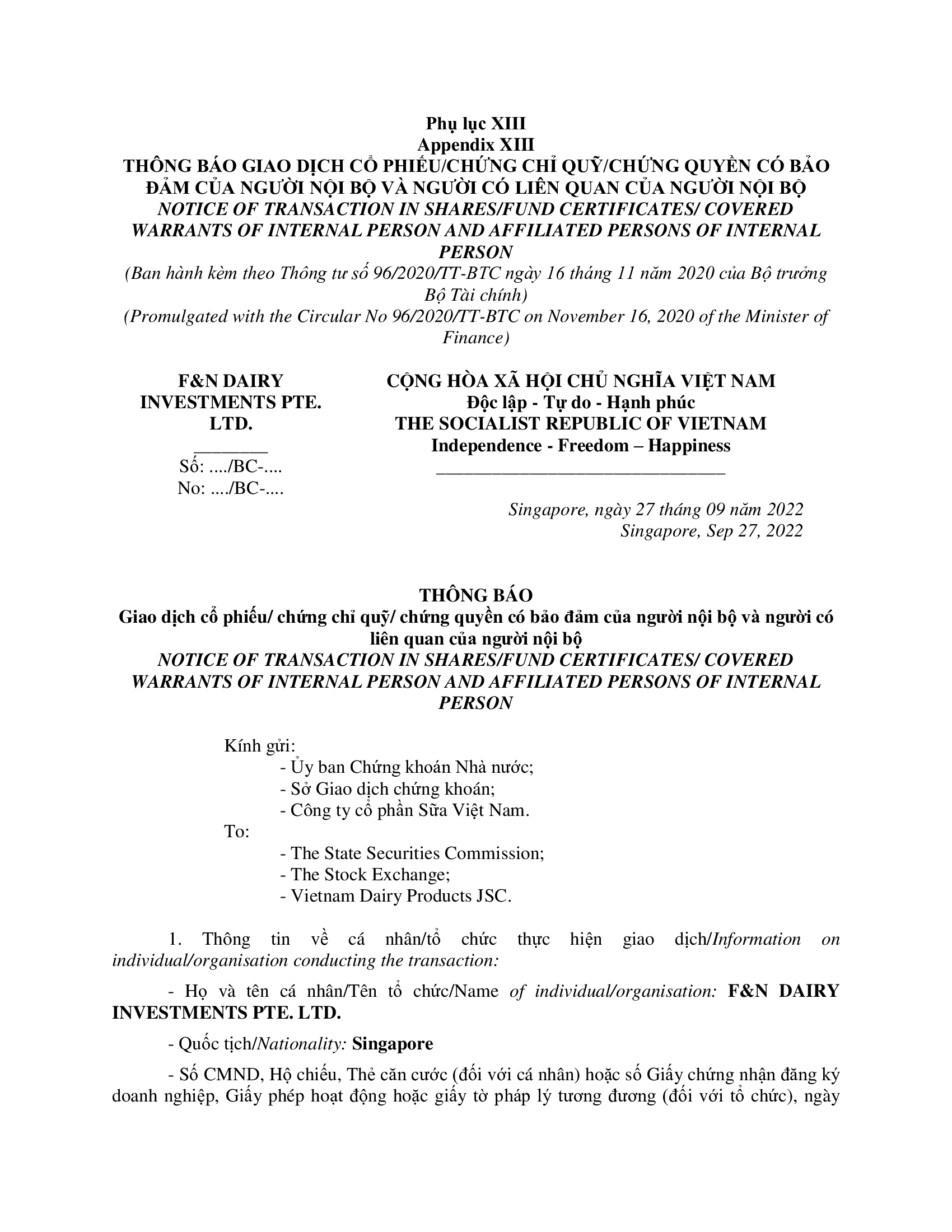 Thông báo giao dịch của Người Nội bộ: F&N DAIRY INVESTMENTS PTE. LTD 1
