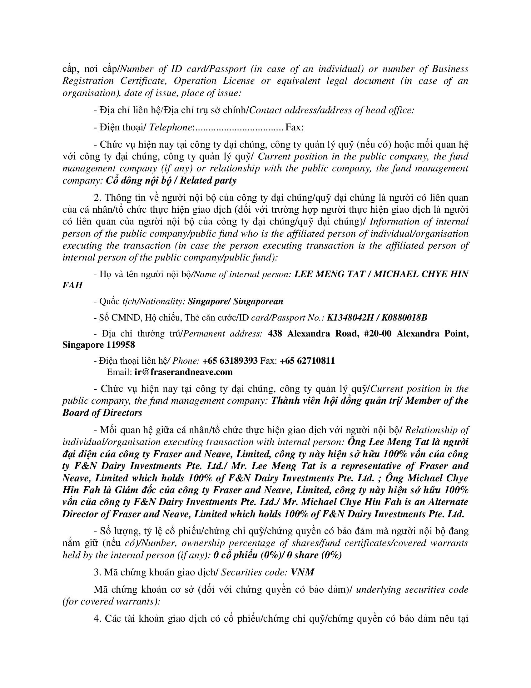 Thông báo giao dịch của Người Nội bộ: F&N DAIRY INVESTMENTS PTE. LTD 2