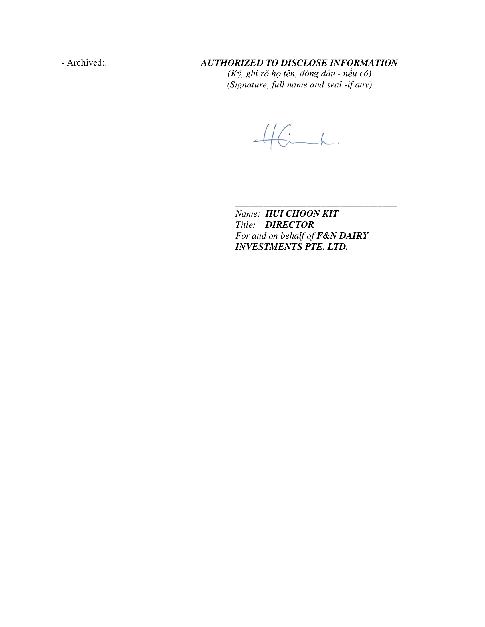 Notice of transaction of internal person from F&N DAIRY INVESTMENTS PTE. LTD 4