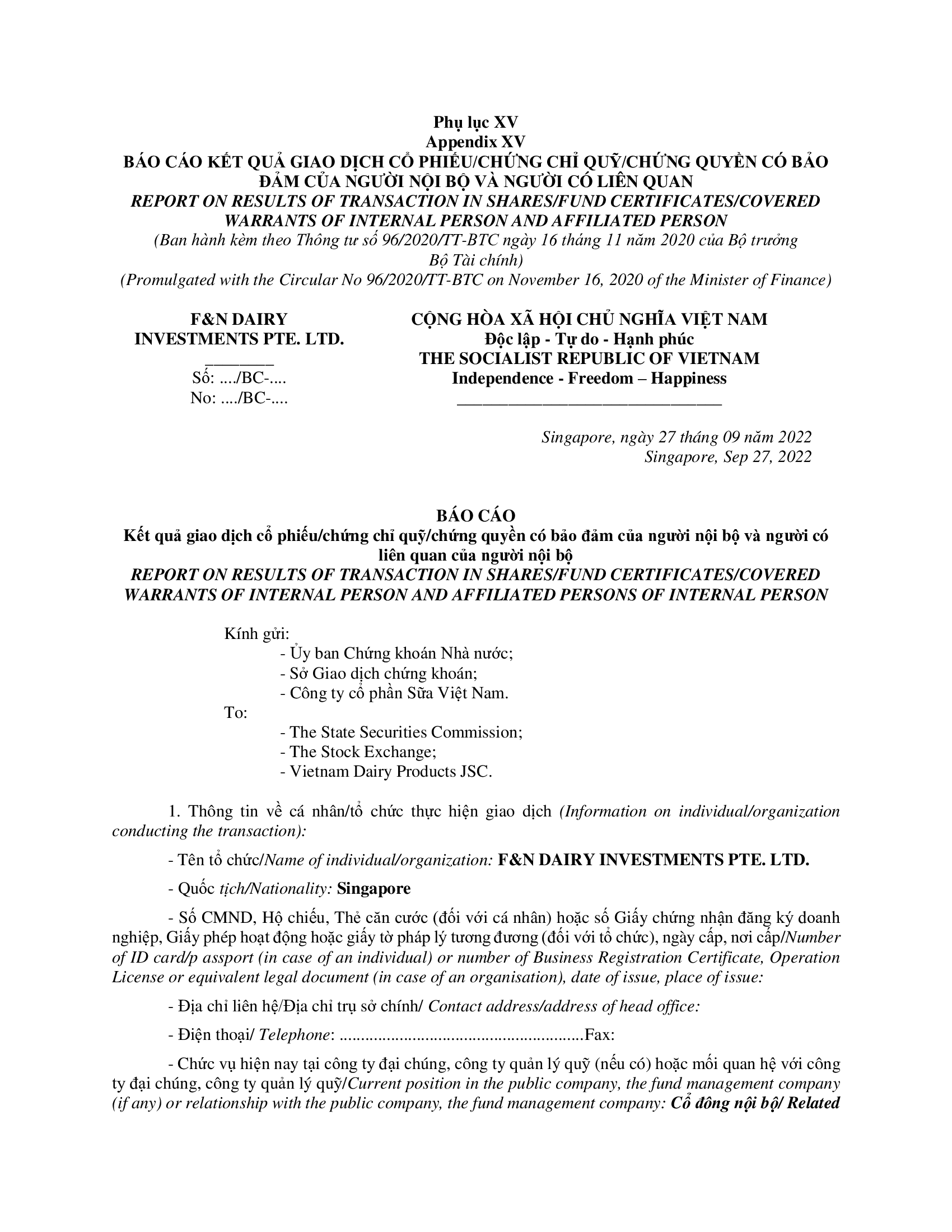 Report on results of transaction of internal person from F&N DAIRY INVESTMENTS PTE. LTD 1