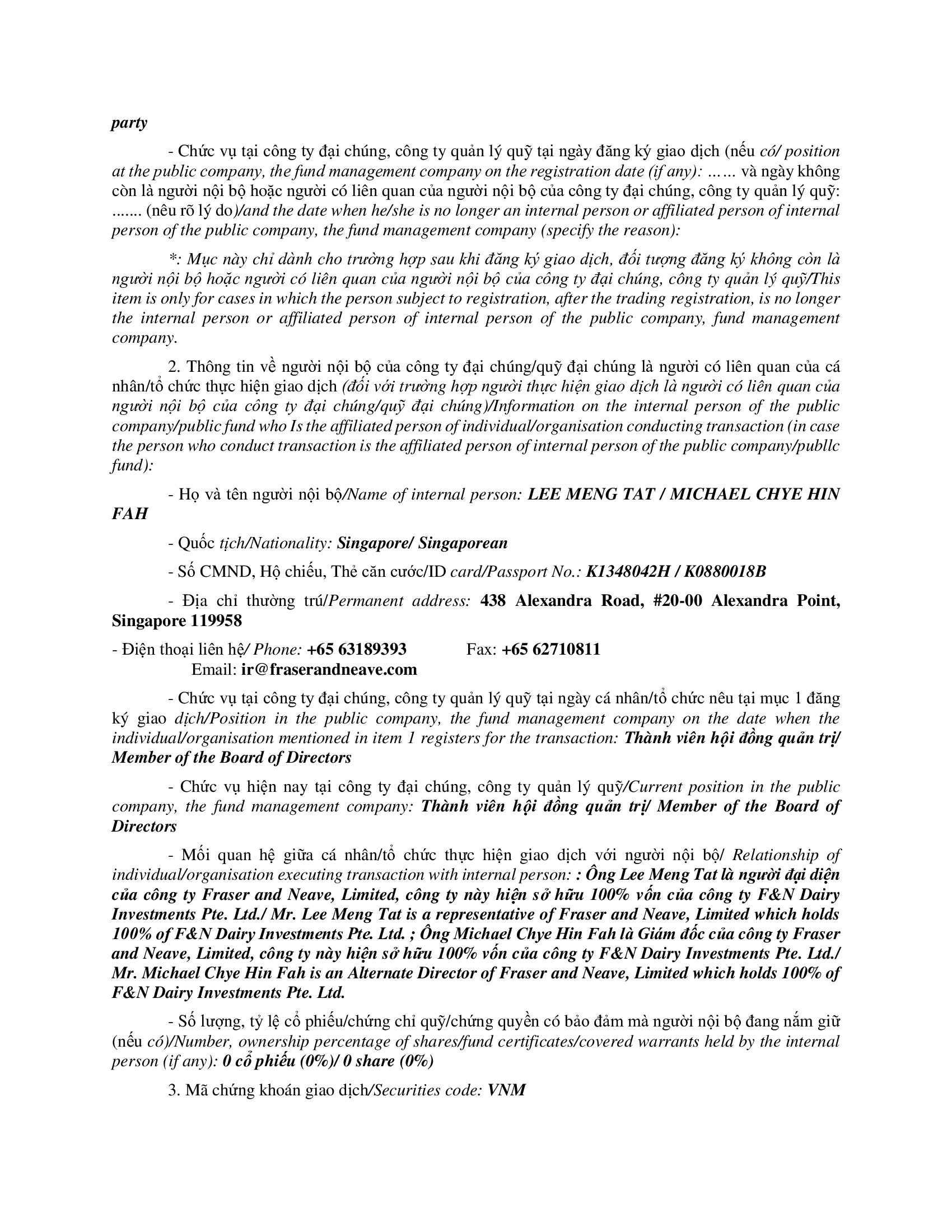 Báo cáo kết quả giao dịch của Người Nội bộ: F&N DAIRY INVESTMENTS PTE. LTD 2