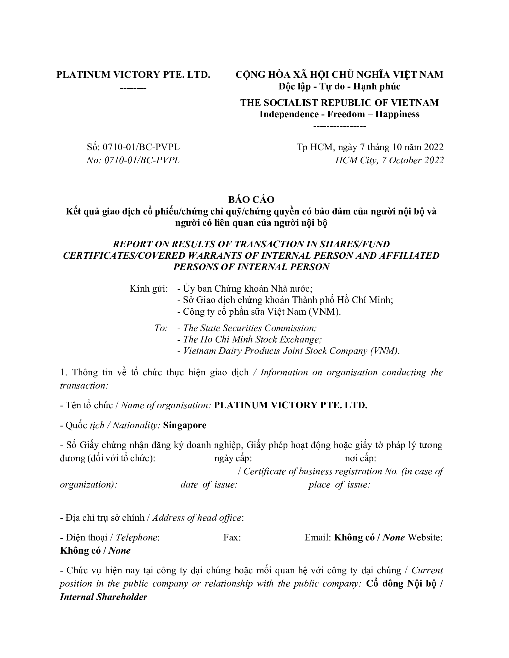 Report on results of transaction of internal person from PLATINUM VICTORY PTE. LTD. 1