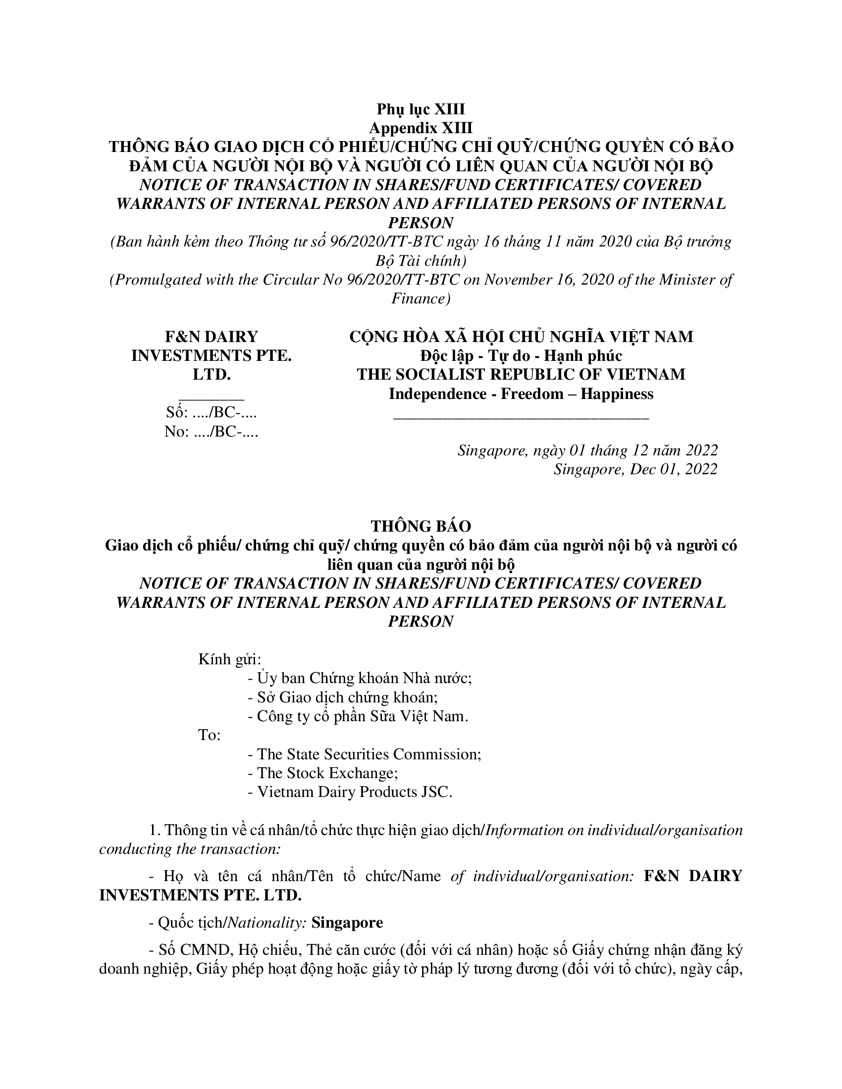 Notice of transaction of internal person from F&N DAIRY INVESTMENTS PTE. LTD 1