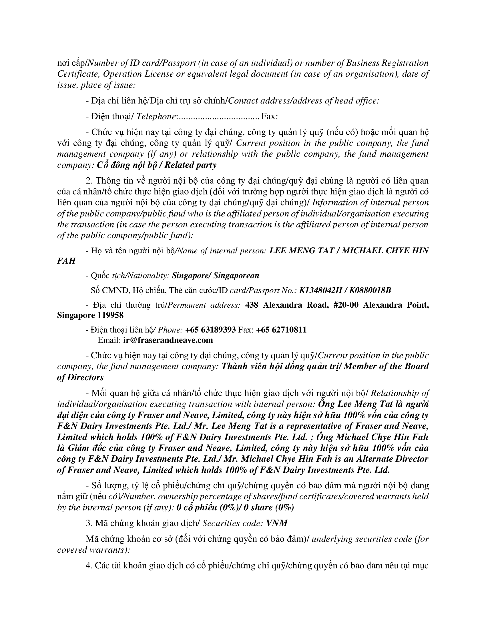 Thông báo giao dịch của Người Nội bộ: F&N DAIRY INVESTMENTS PTE. LTD 2