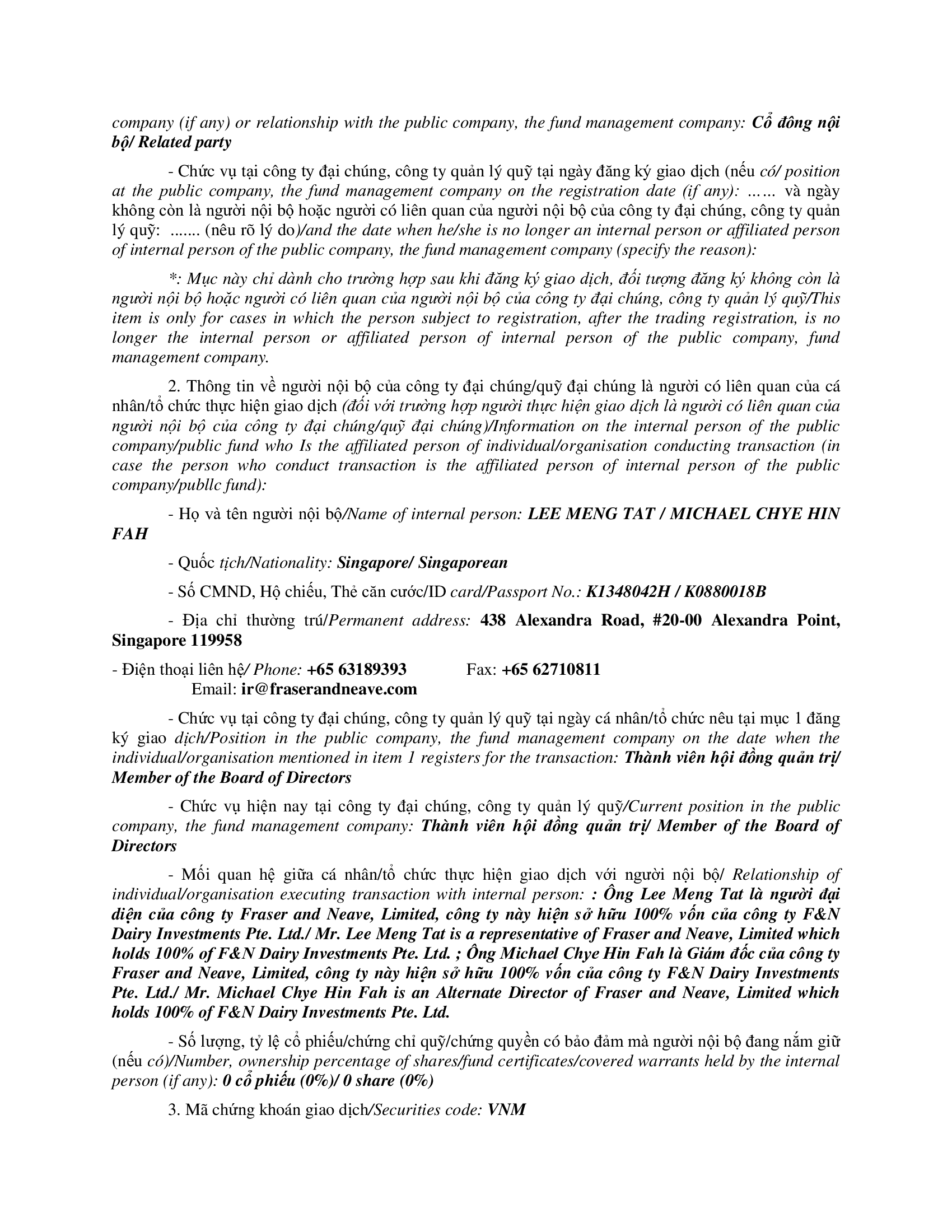 Report on results of transaction of internal person from F&N DAIRY INVESTMENTS PTE. LTD 2