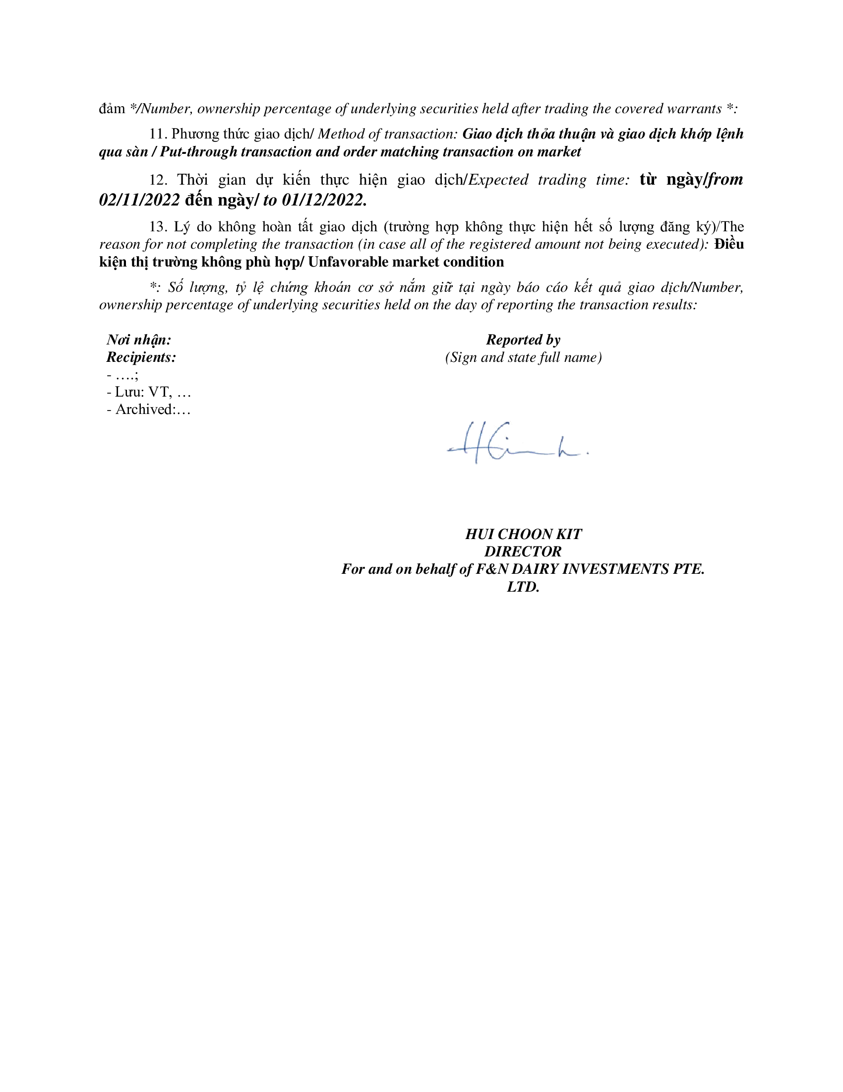 Báo cáo kết quả giao dịch của Người Nội bộ: F&N DAIRY INVESTMENTS PTE. LTD 4