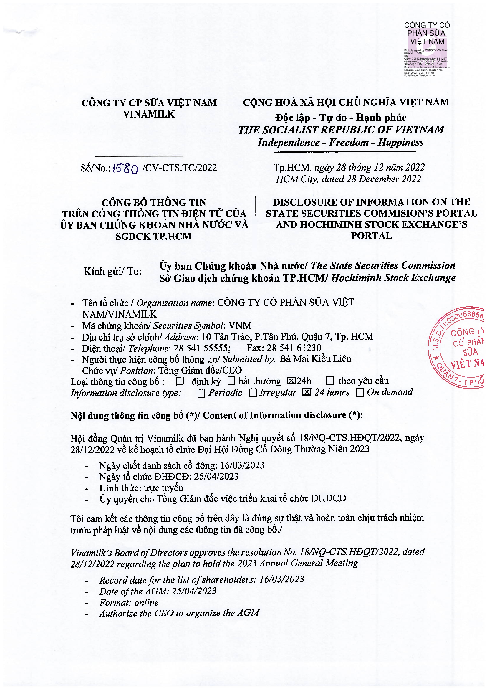 Công bố thông tin đại hội cổ đông thường niên 2023 1