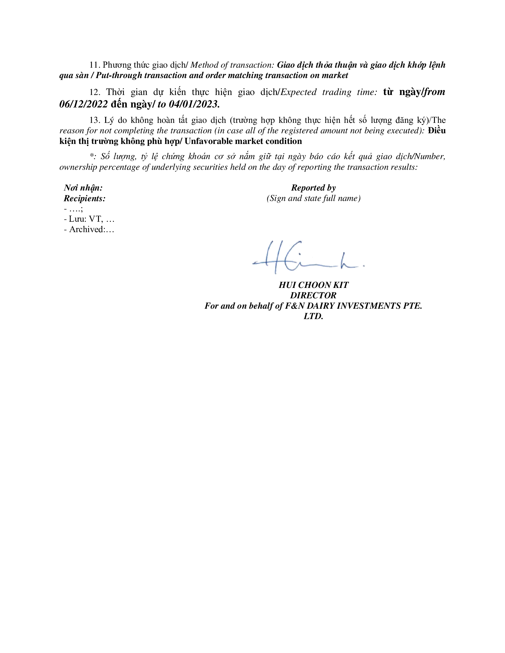 Report on results of transaction of internal person from F&N DAIRY INVESTMENTS PTE. LTD 4