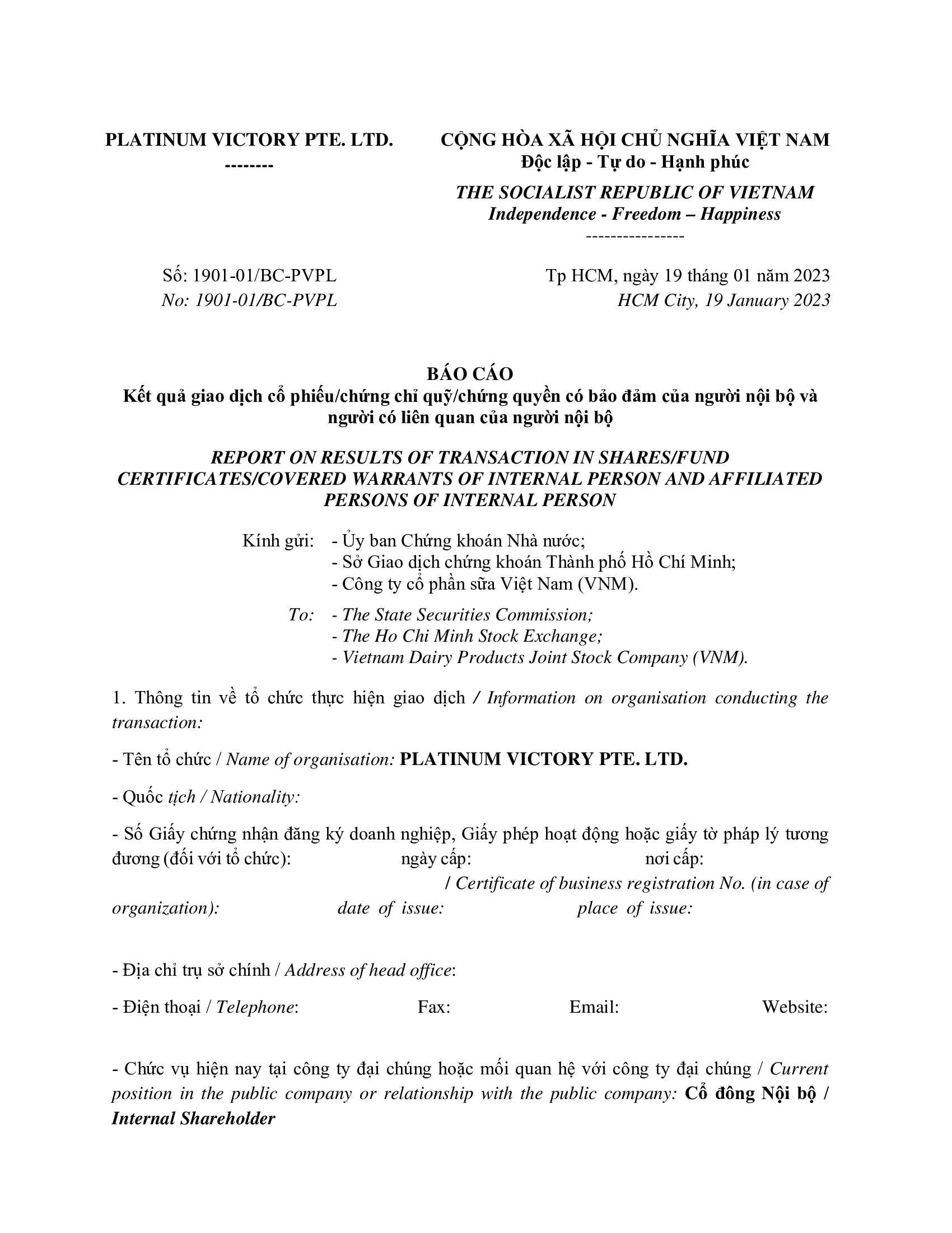 Report on results of transaction of internal person from PLATINUM VICTORY PTE. LTD. 1