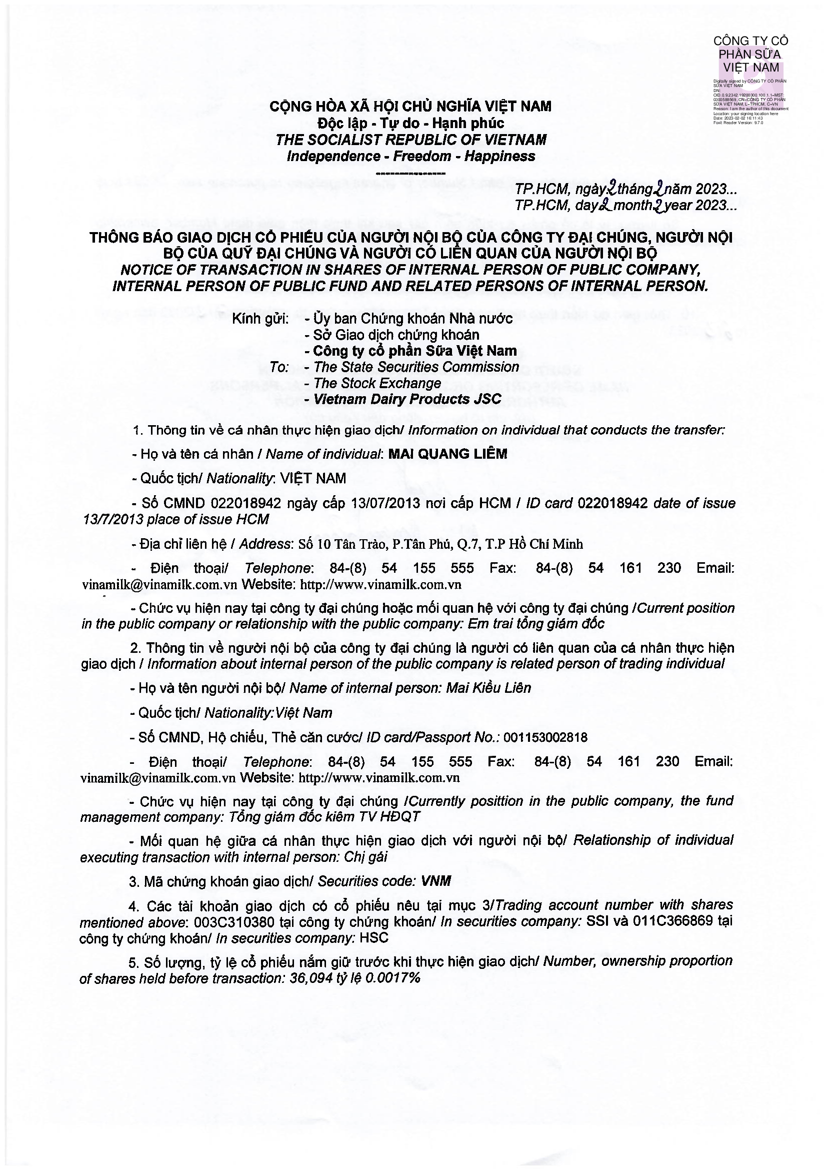 Notice of transaction in shares of internal person of public company, internal person of public fund and related persons of internal person 1
