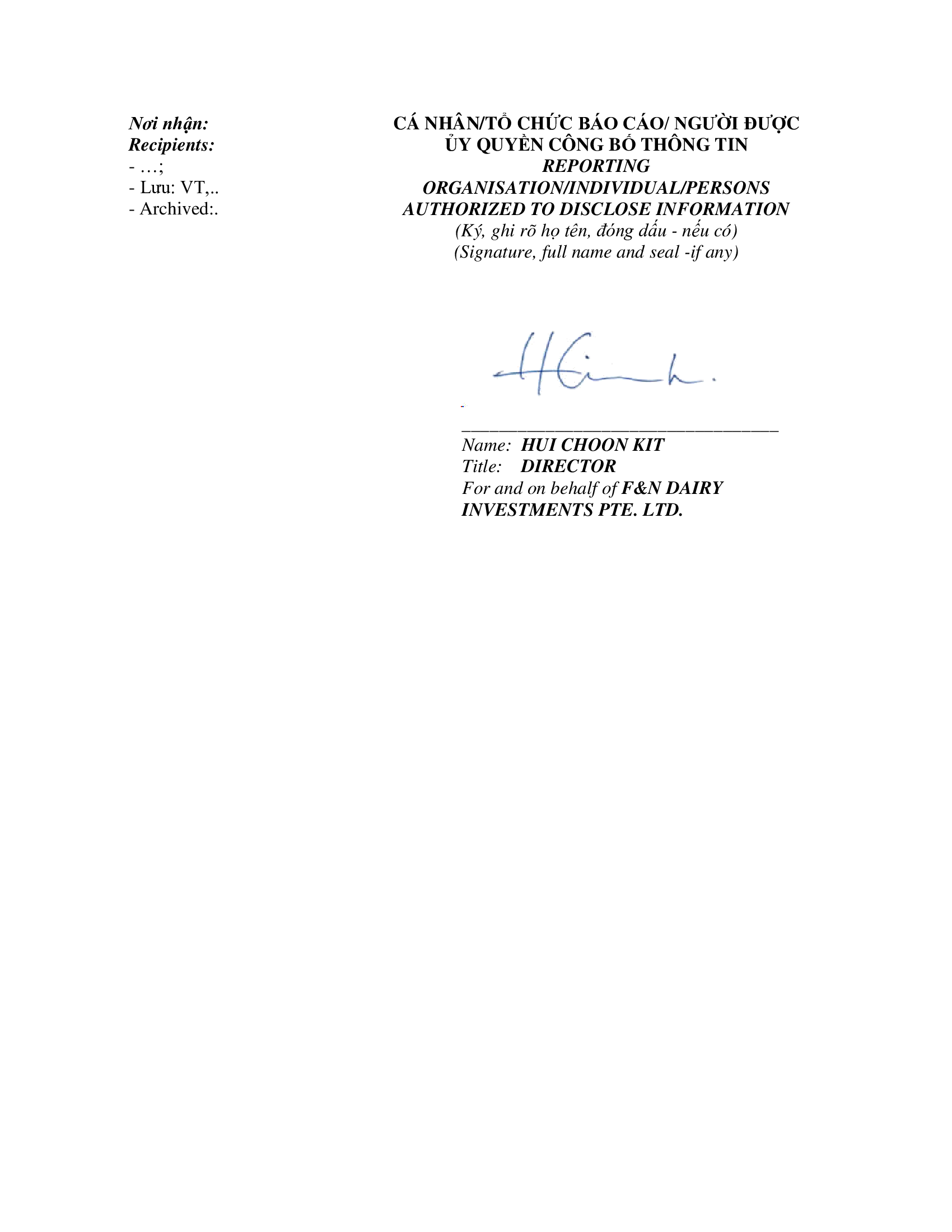 Notice of transaction of internal person from F&N DAIRY INVESTMENTS PTE. LTD 4