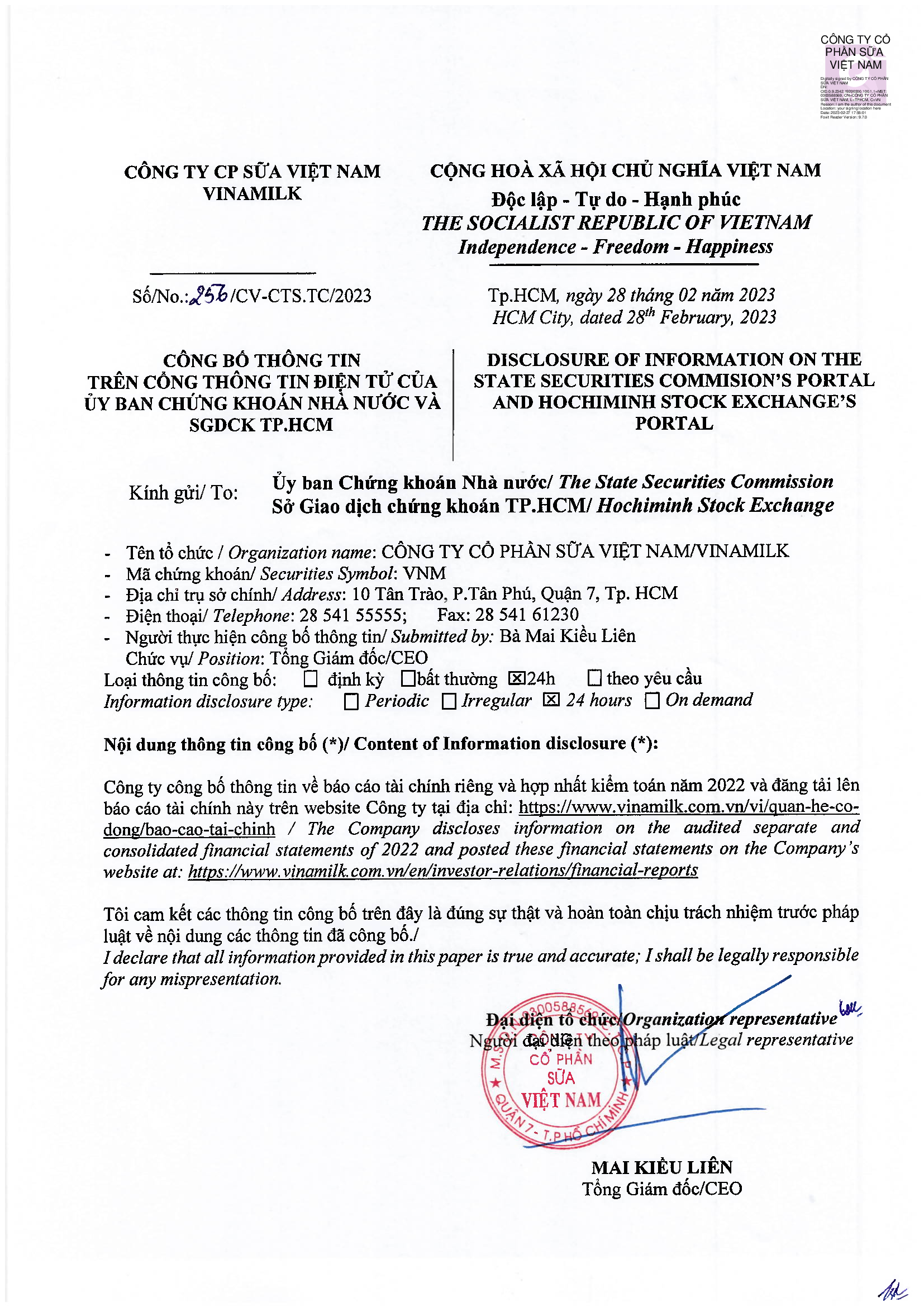 Disclosure of information on the audited financial statement of 2022 1