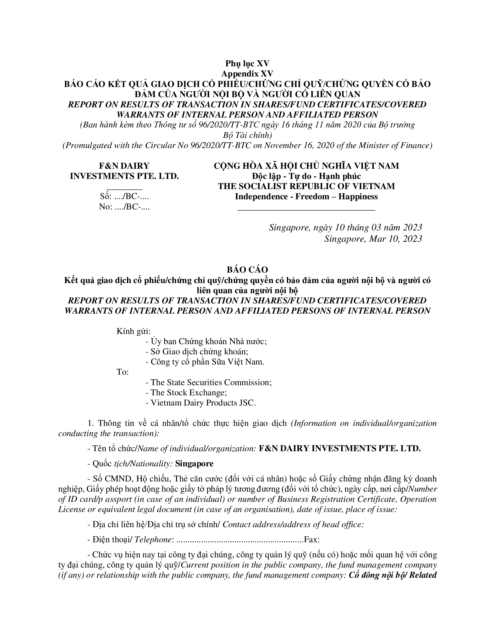 Báo cáo kết quả giao dịch của Người Nội bộ:F&N DAIRY INVESTMENTS PTE. LTD 1