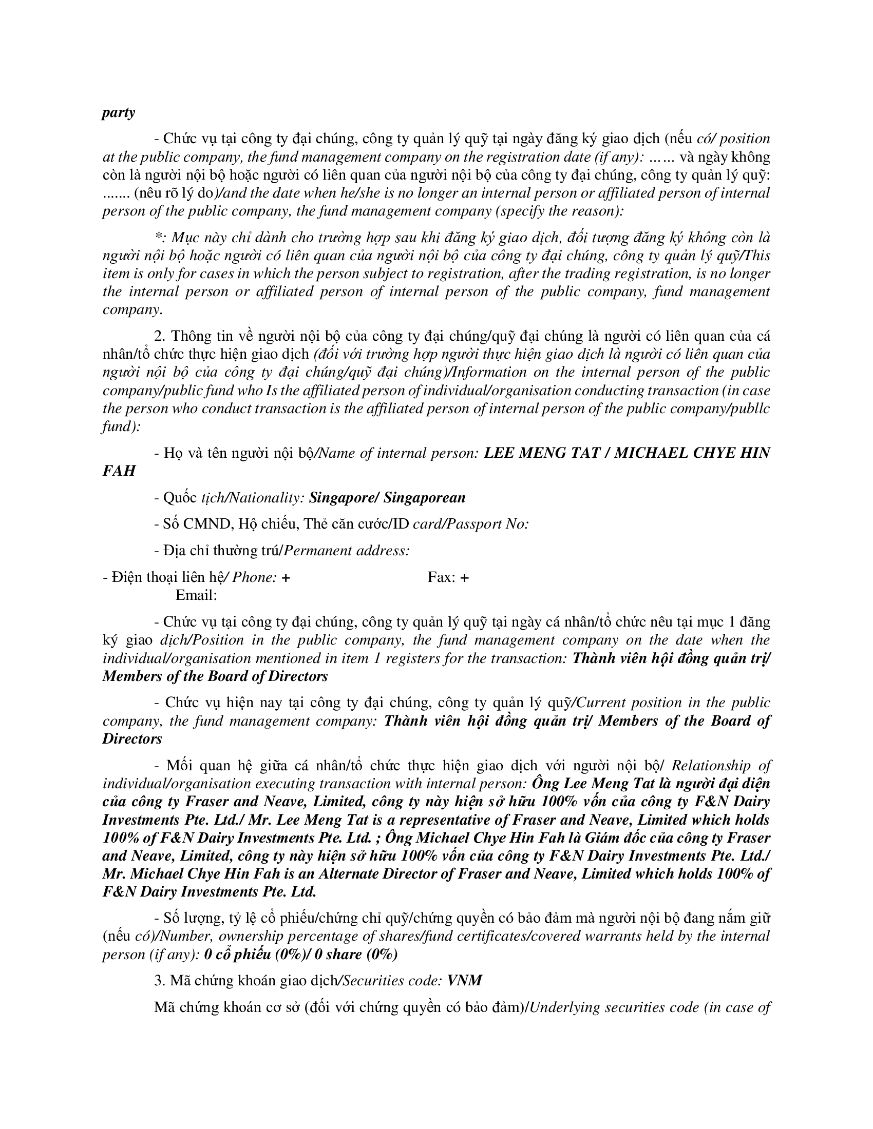 Báo cáo kết quả giao dịch của Người Nội bộ:F&N DAIRY INVESTMENTS PTE. LTD 2