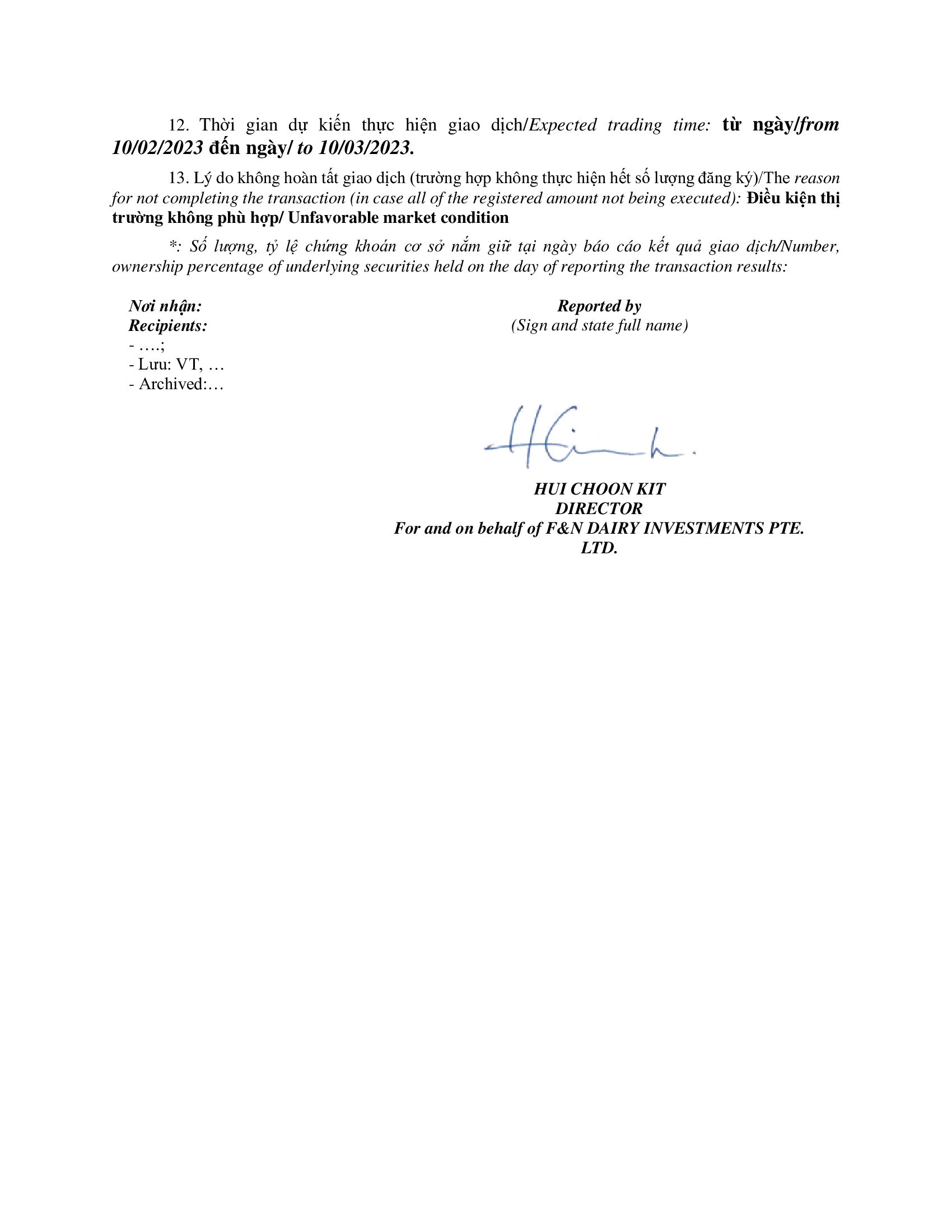 Report on results of transaction of internal person from F&N DAIRY INVESTMENTS PTE. LTD 4